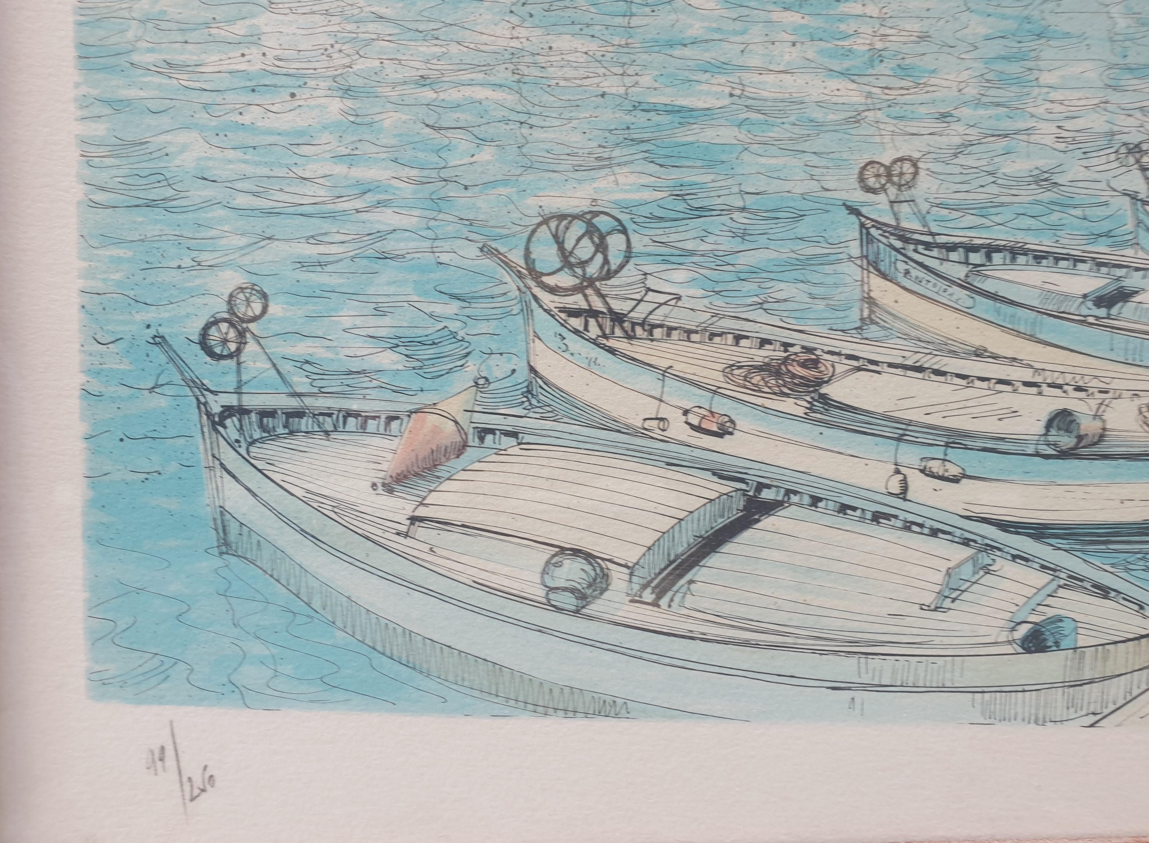 Antibes Azur Costa puerto barcos grande Litografía RAFFLEWSKI artista polaco XX - Landscape Print Gris de Rolf RAFFLEWSKI