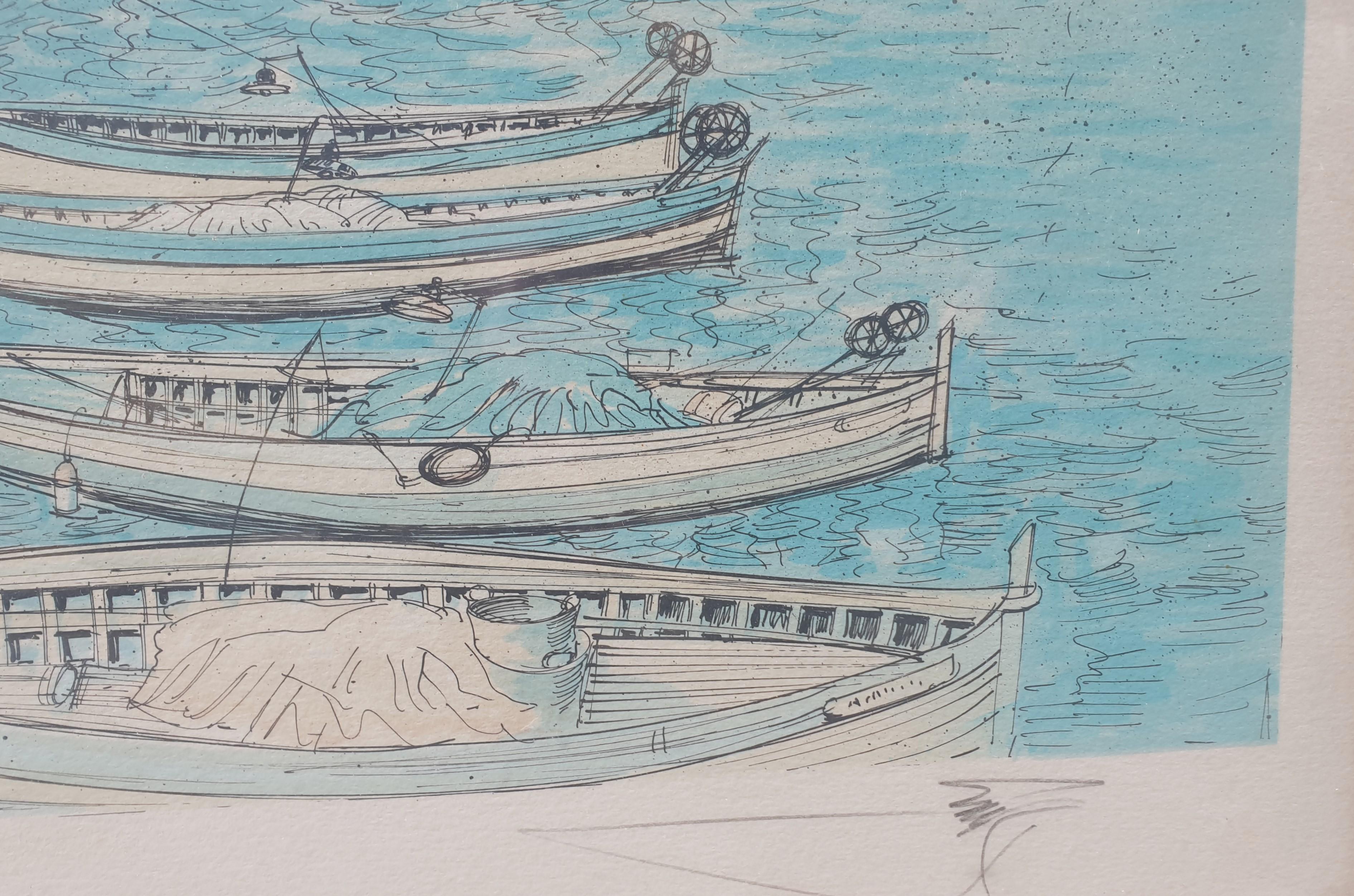 Antibes Azur Coast port boats large Lithography RAFFLEWSKI polish artist 20th  For Sale 1