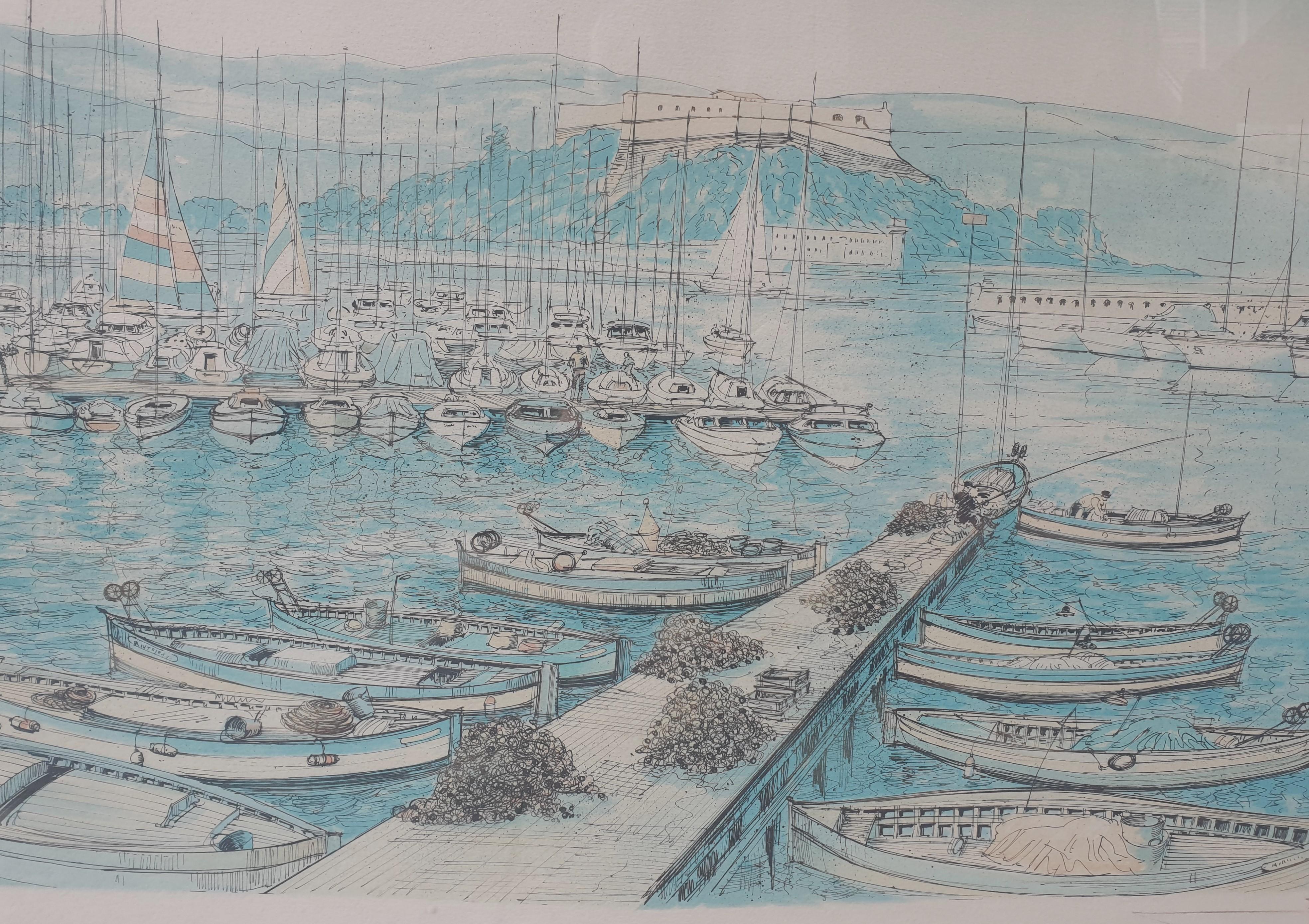 Antibes Azur Costa puerto barcos grande Litografía RAFFLEWSKI artista polaco XX en venta 1