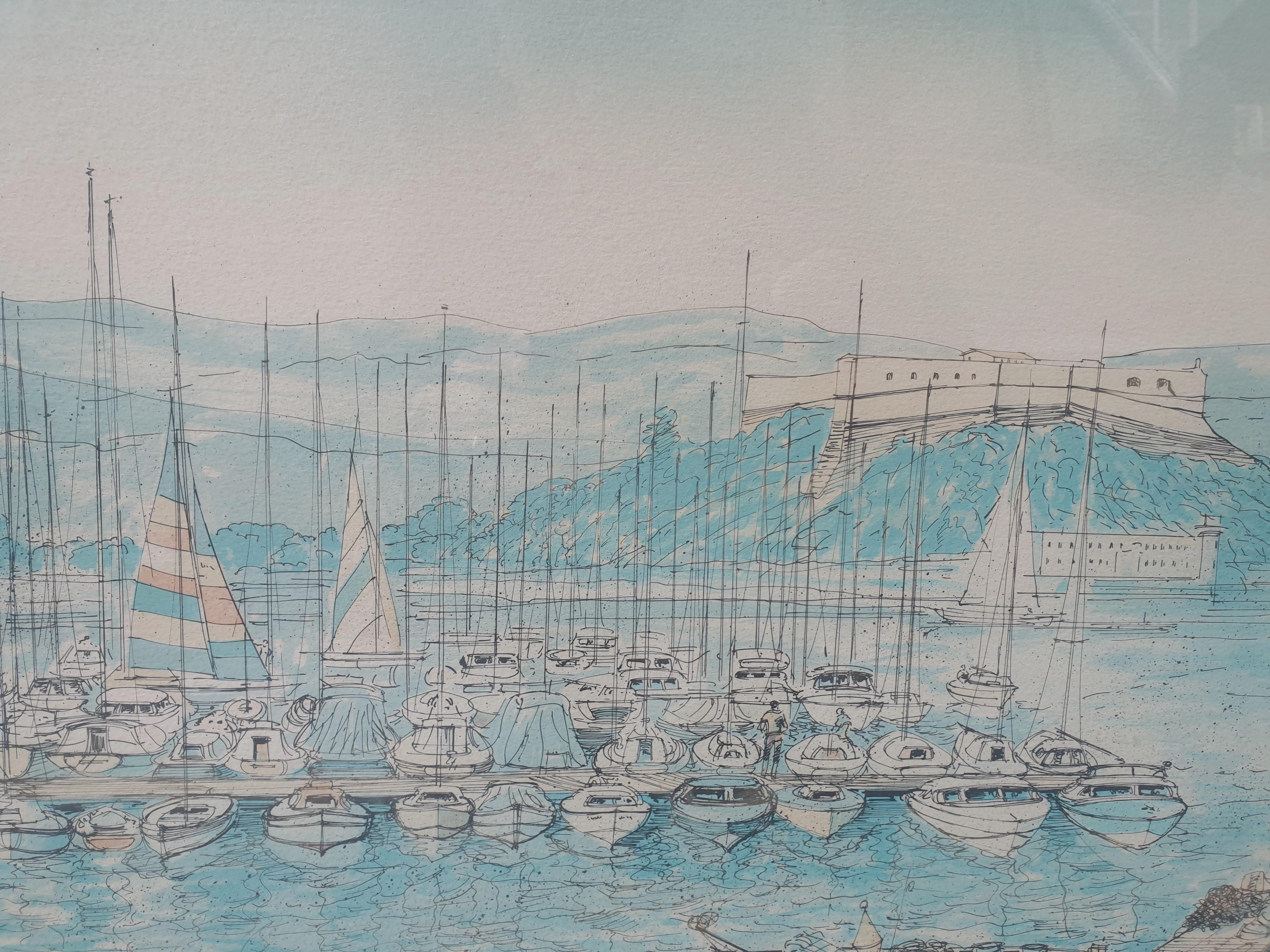 Antibes Azur Coast port boats large Lithography RAFFLEWSKI polish artist 20th  For Sale 3