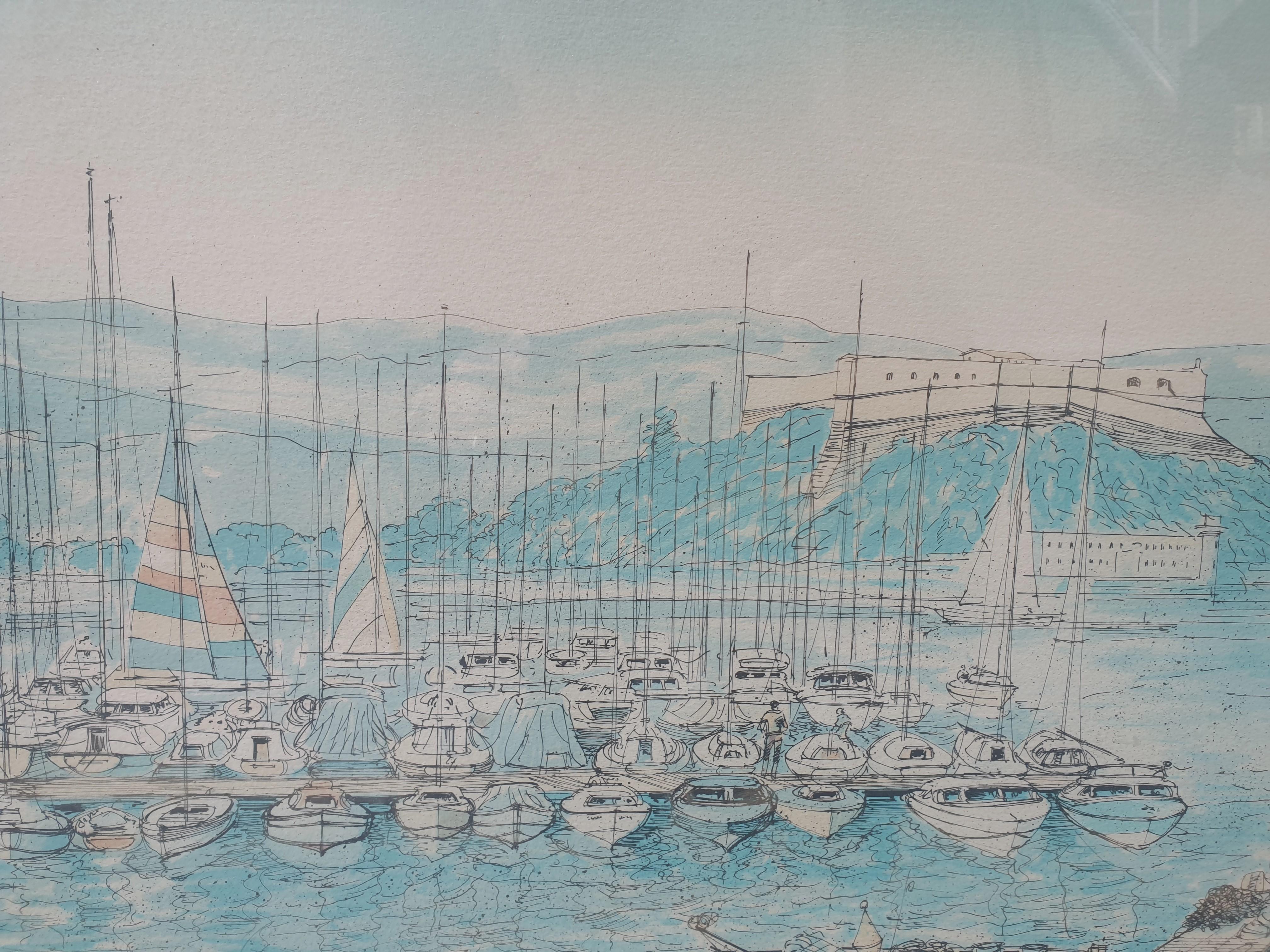 Antibes Azur Costa puerto barcos grande Litografía RAFFLEWSKI artista polaco XX en venta 2