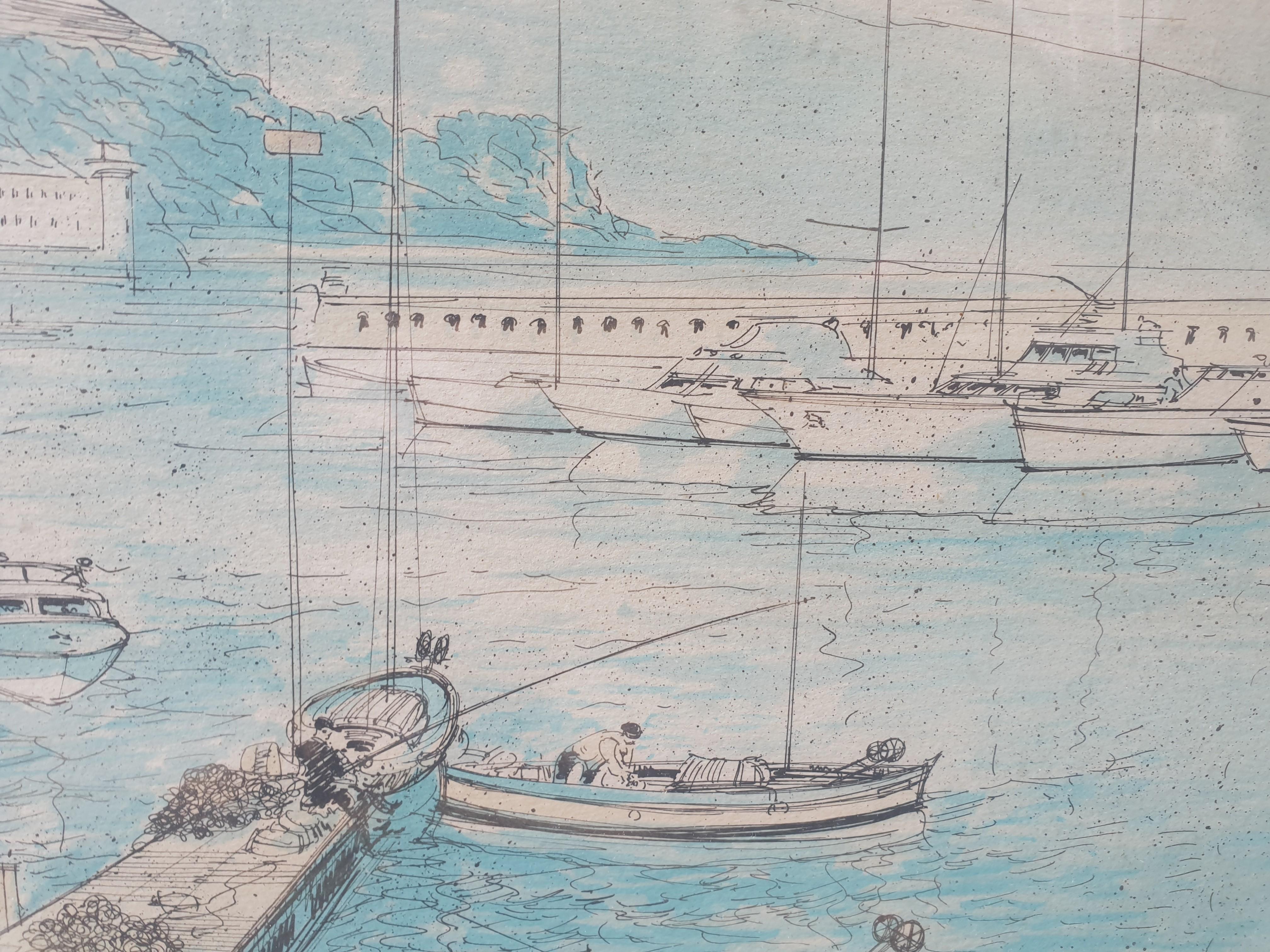 Antibes Azur Coast port boats large Lithography RAFFLEWSKI polish artist 20th  For Sale 4