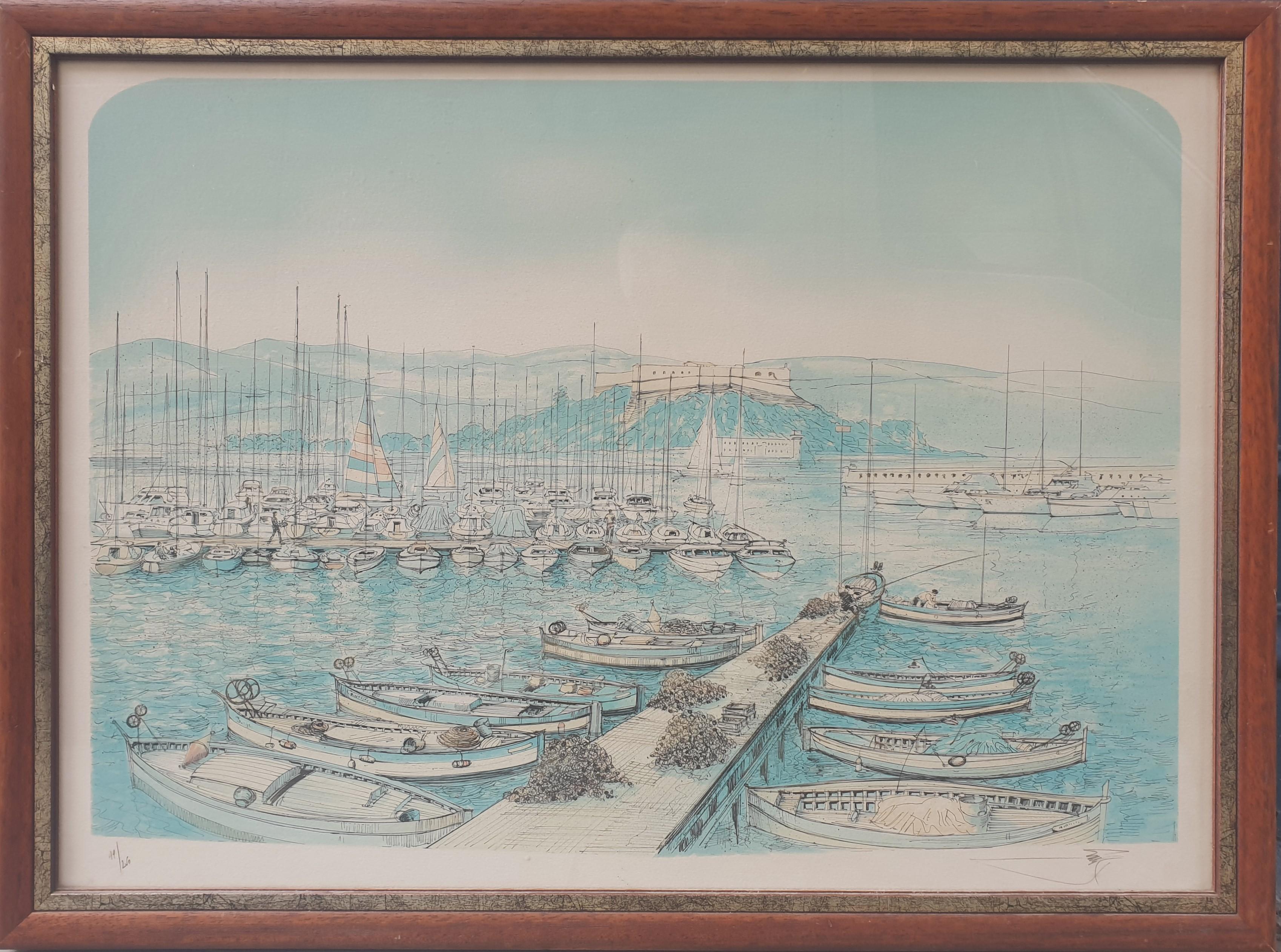 Rolf RAFFLEWSKI Landscape Print - Antibes Azur Coast port boats large Lithography RAFFLEWSKI polish artist 20th 