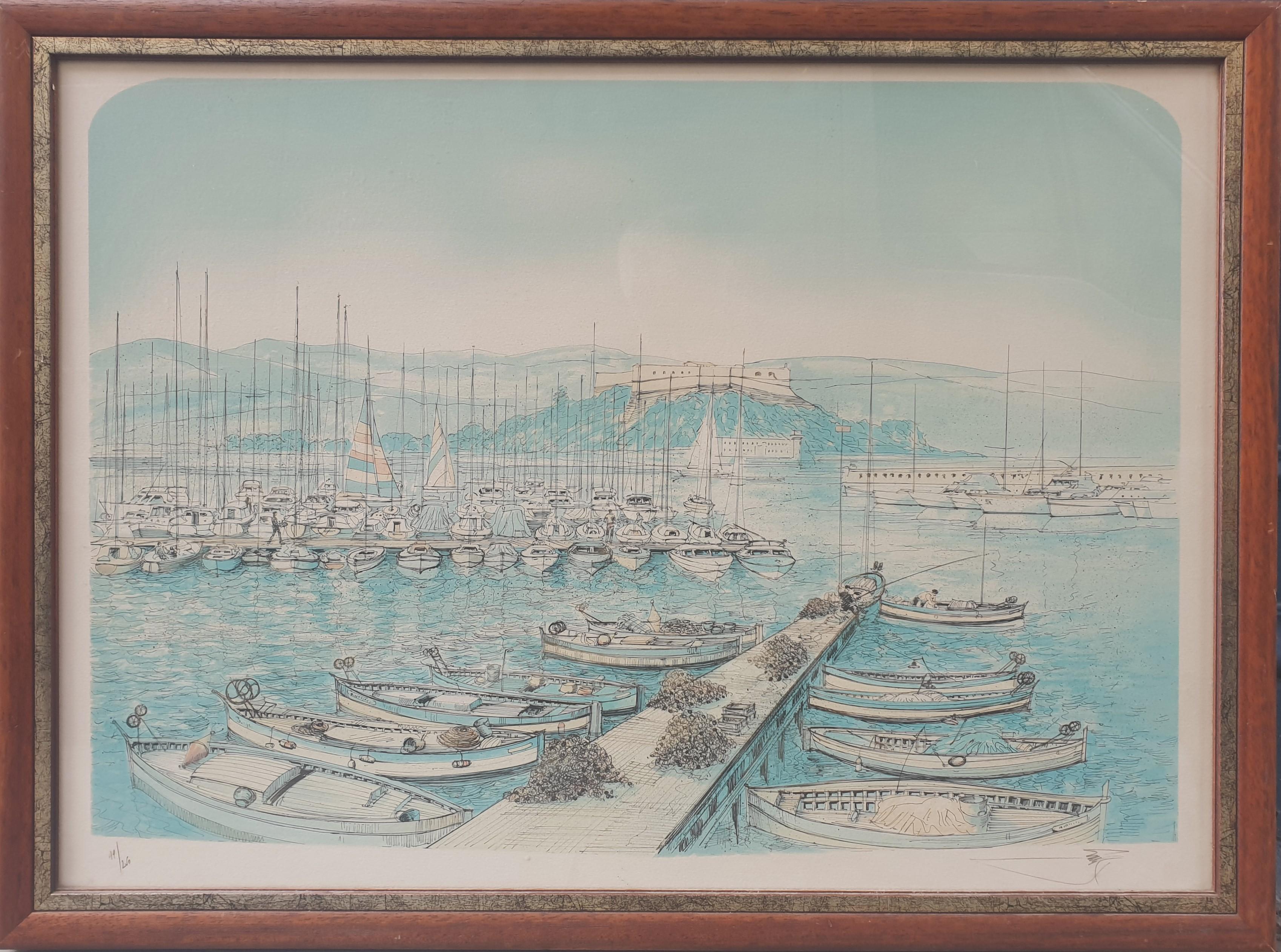 Antibes Azur Costa puerto barcos grande Litografía RAFFLEWSKI artista polaco XX - Print de Rolf RAFFLEWSKI