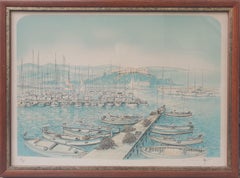 Antike Antibes Azur Coast Hafenboote Große Lithografie RAFFLEWSKI Polnischer Künstler 20. Jahrhundert 