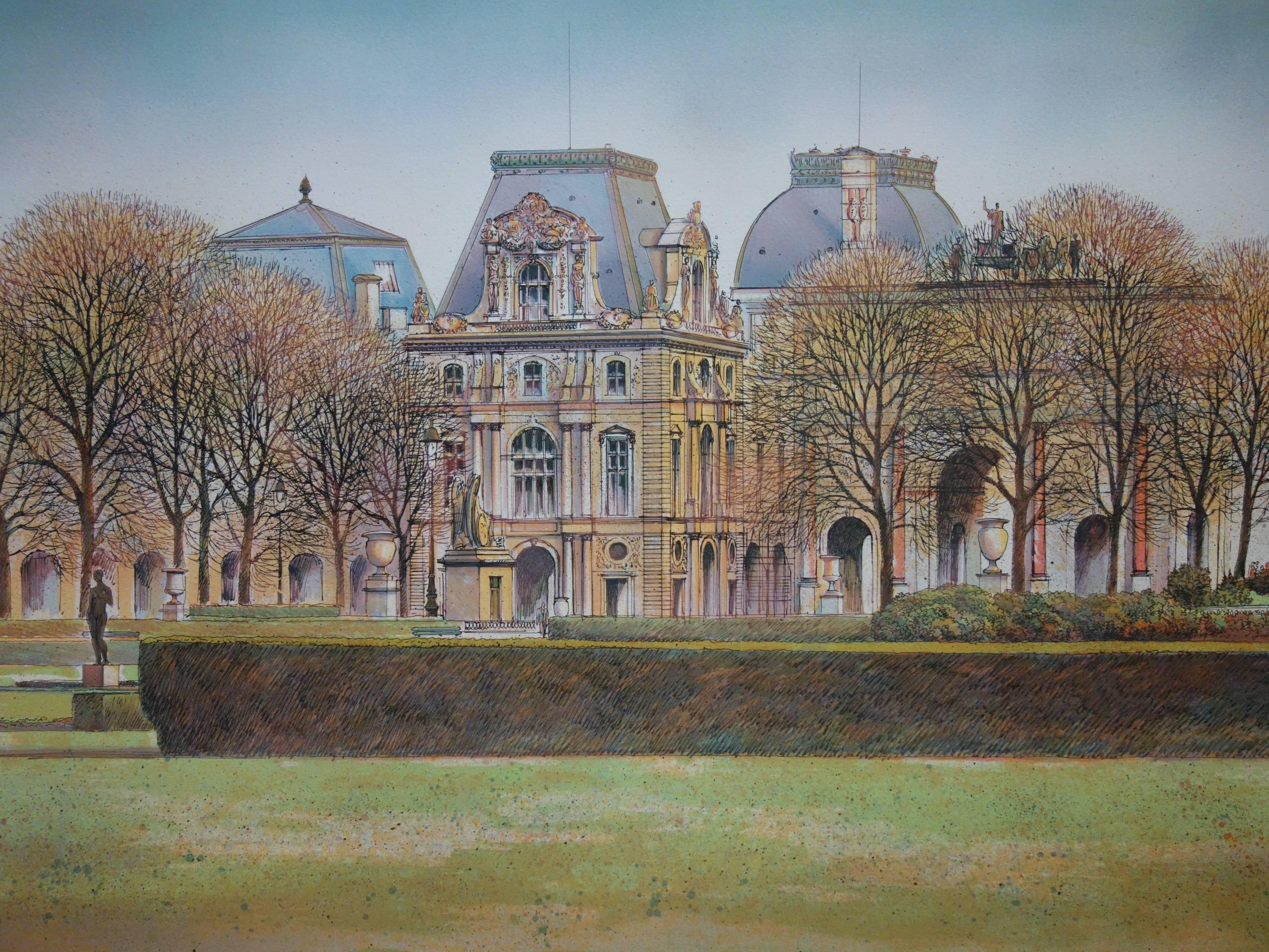 Paris : Louvre Museum - Original handsigned lithograph - Gray Landscape Print by Rolf RAFFLEWSKI