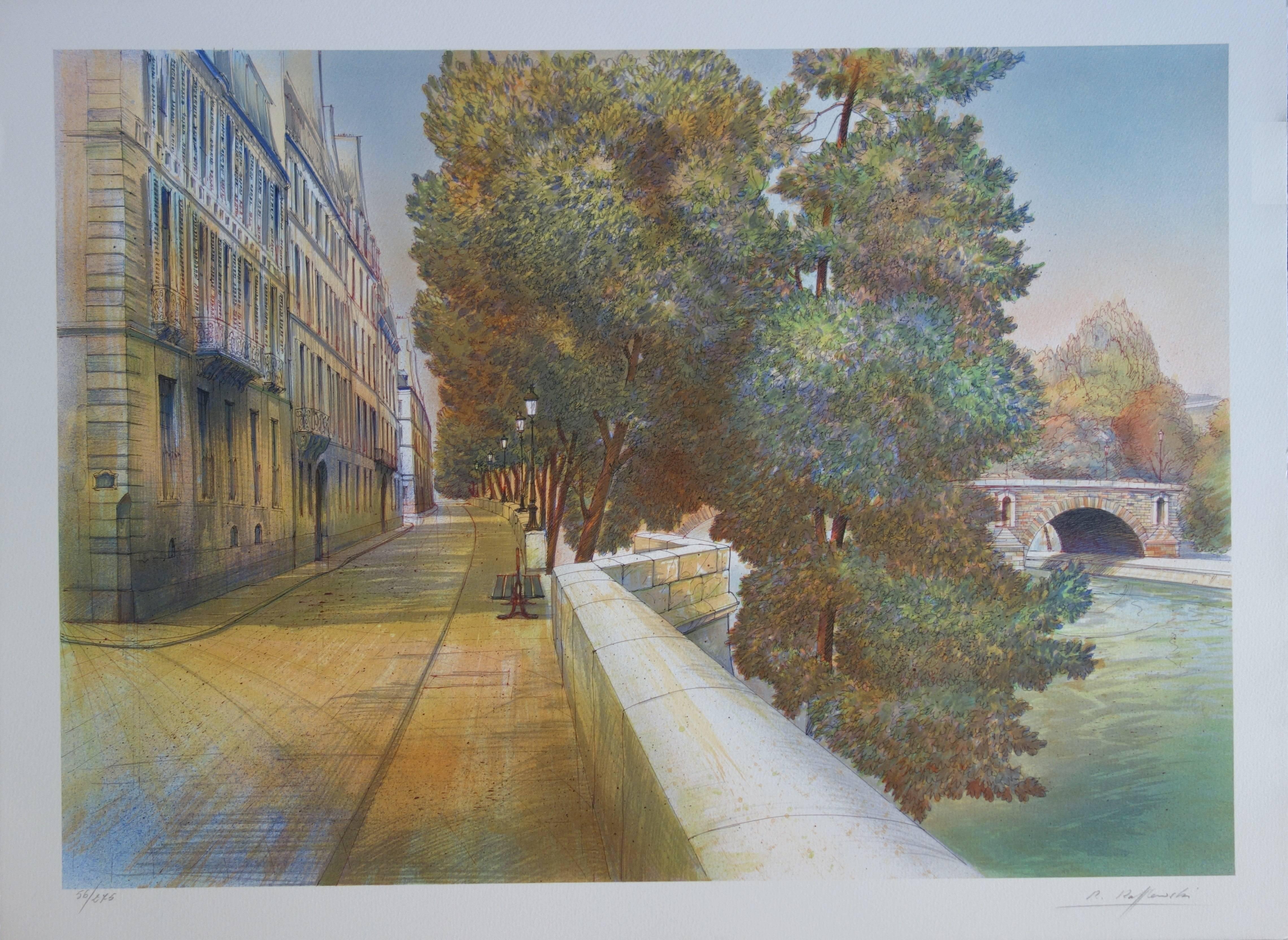 Paris : Near the Seine River - Original handsigned lithograph