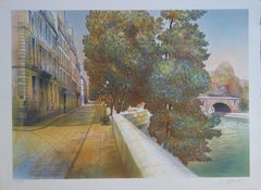 Paris : Near the Seine River - Original handsigned lithograph