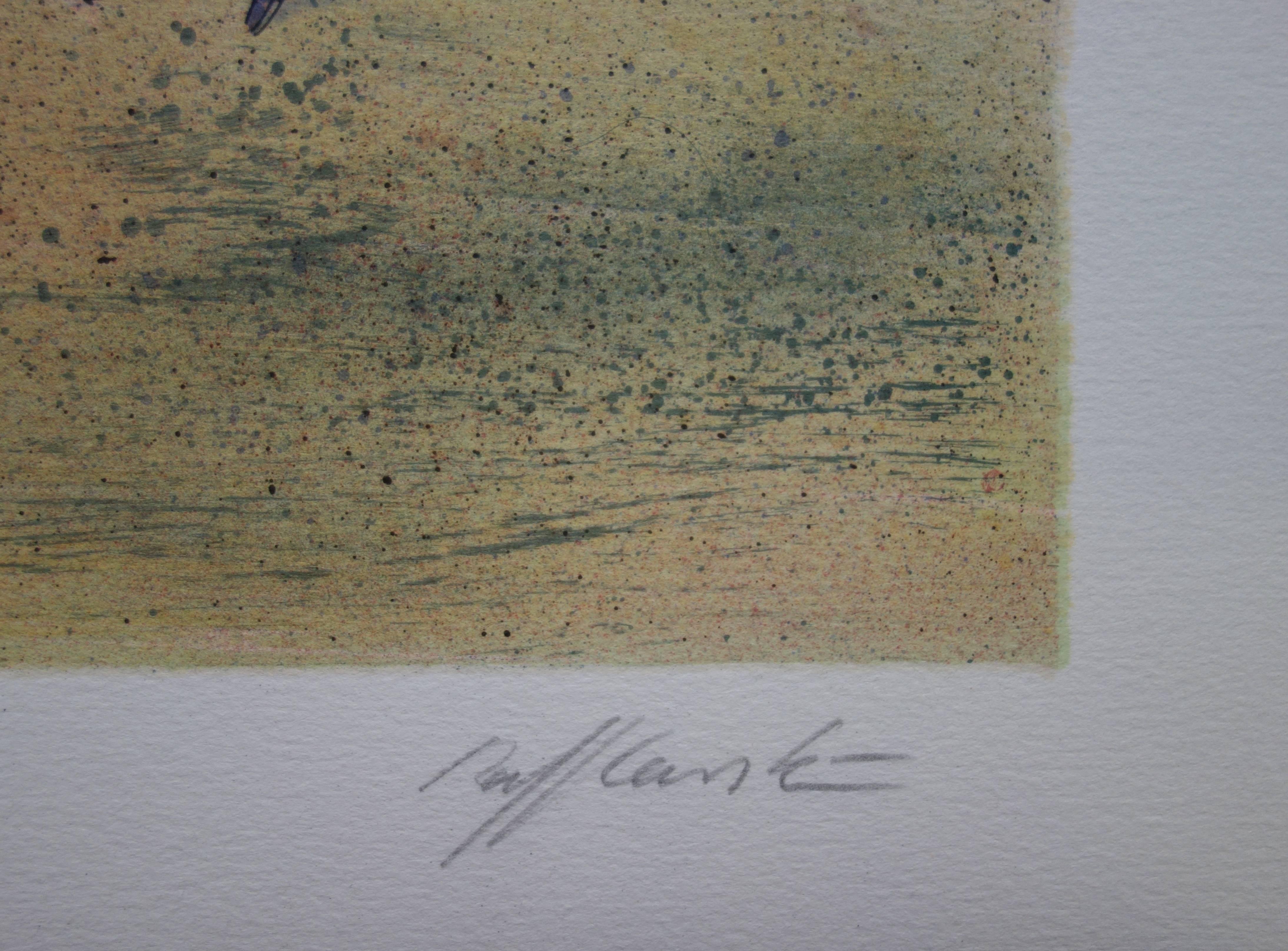 Square in Paris with the Kiss Sculpture - Original handsigned lithograph - Print by Rolf RAFFLEWSKI