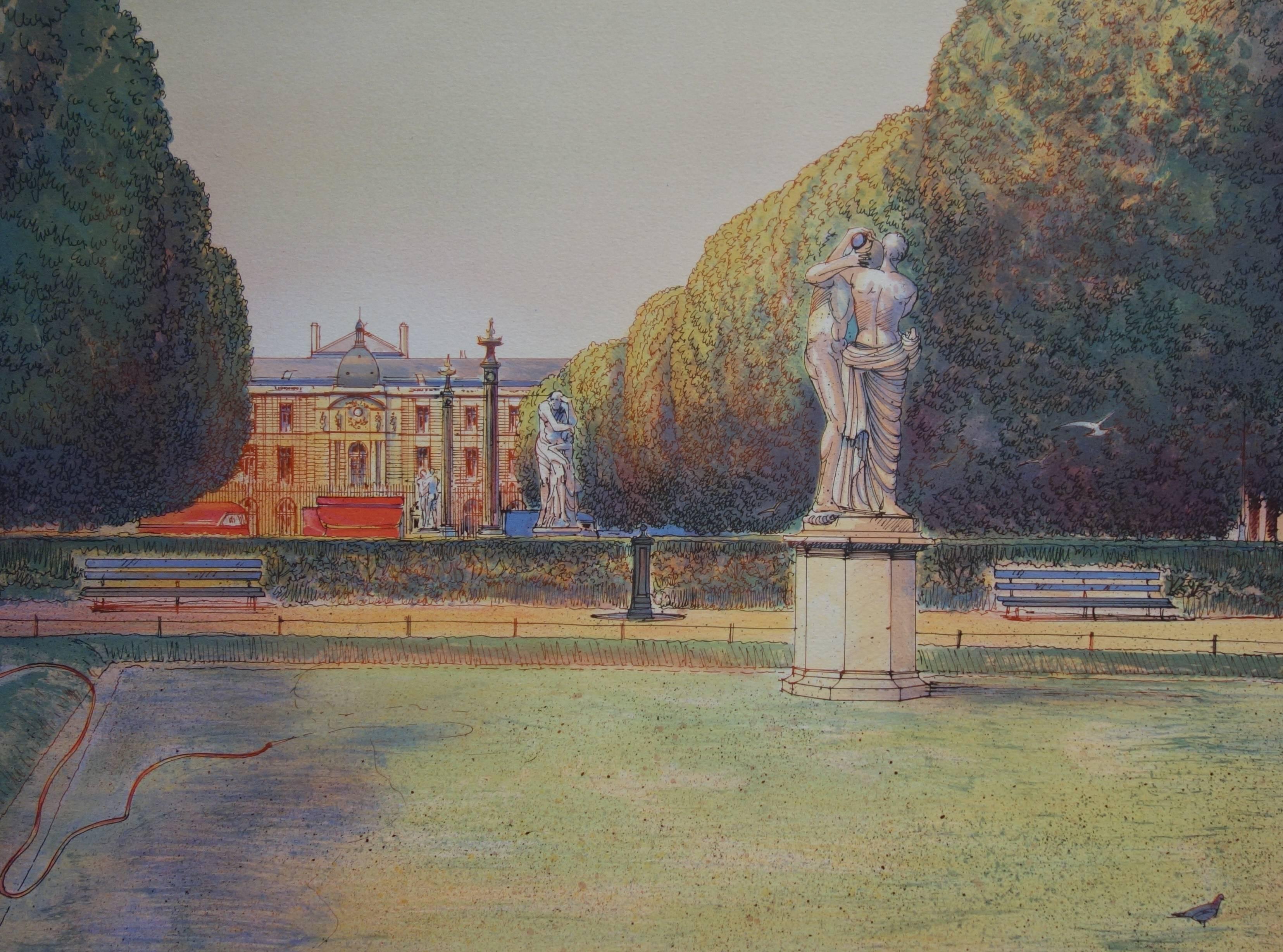 Square in Paris with the Kiss Sculpture - Original handsigned lithograph - Realist Print by Rolf RAFFLEWSKI