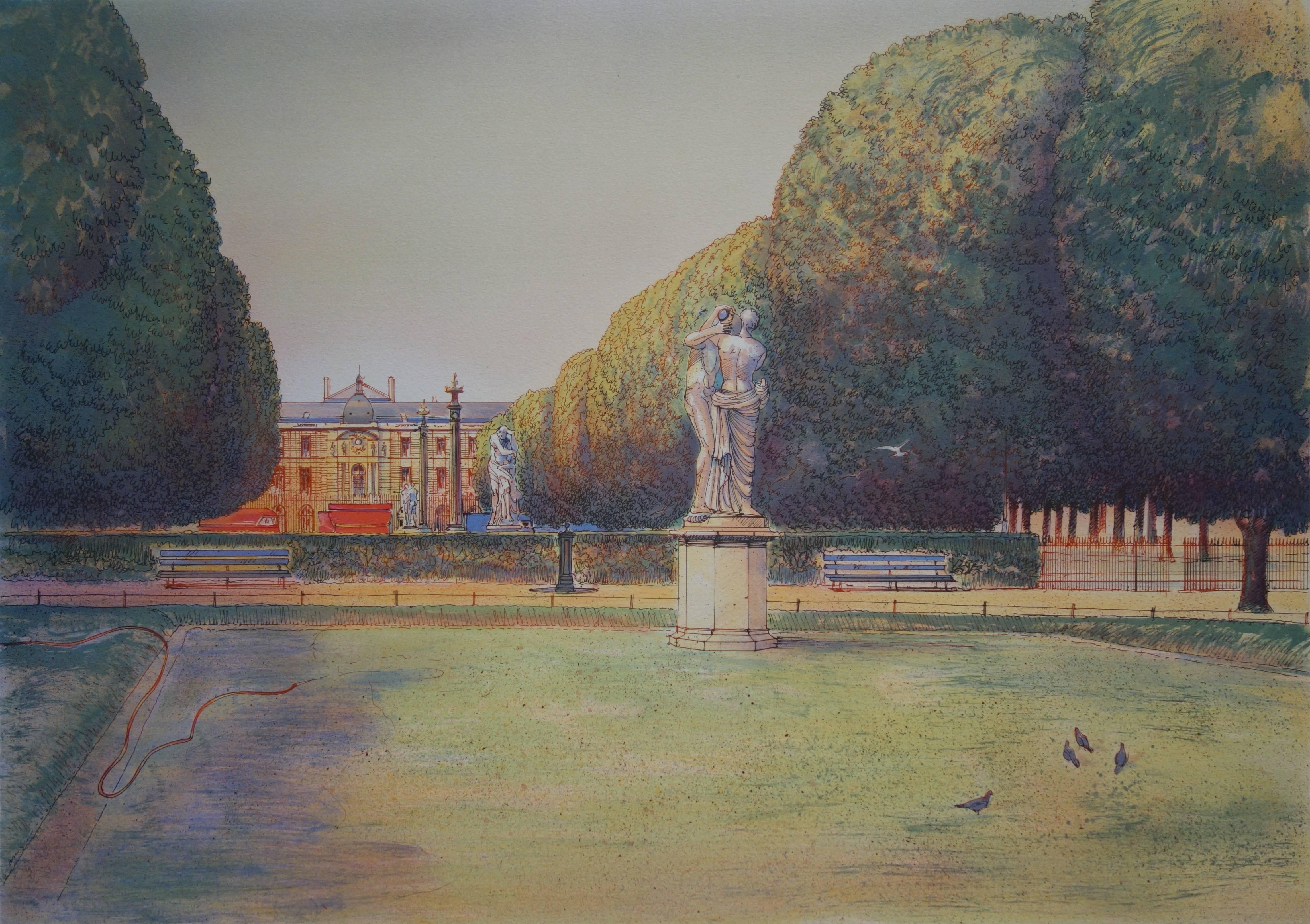 Square in Paris with the Kiss Sculpture - Original handsigned lithograph - Gray Landscape Print by Rolf RAFFLEWSKI