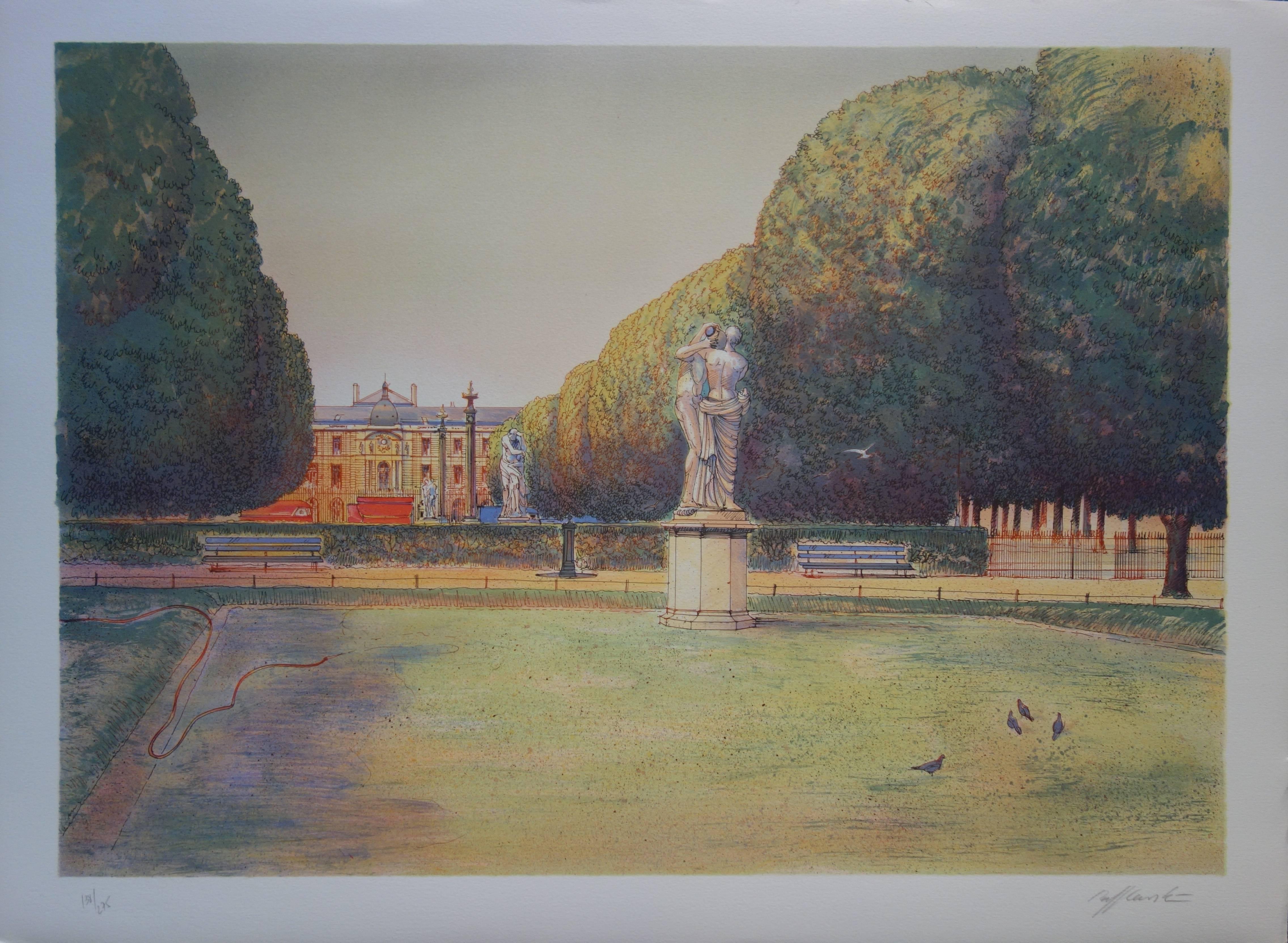 Rolf RAFFLEWSKI Landscape Print - Square in Paris with the Kiss Sculpture - Original handsigned lithograph