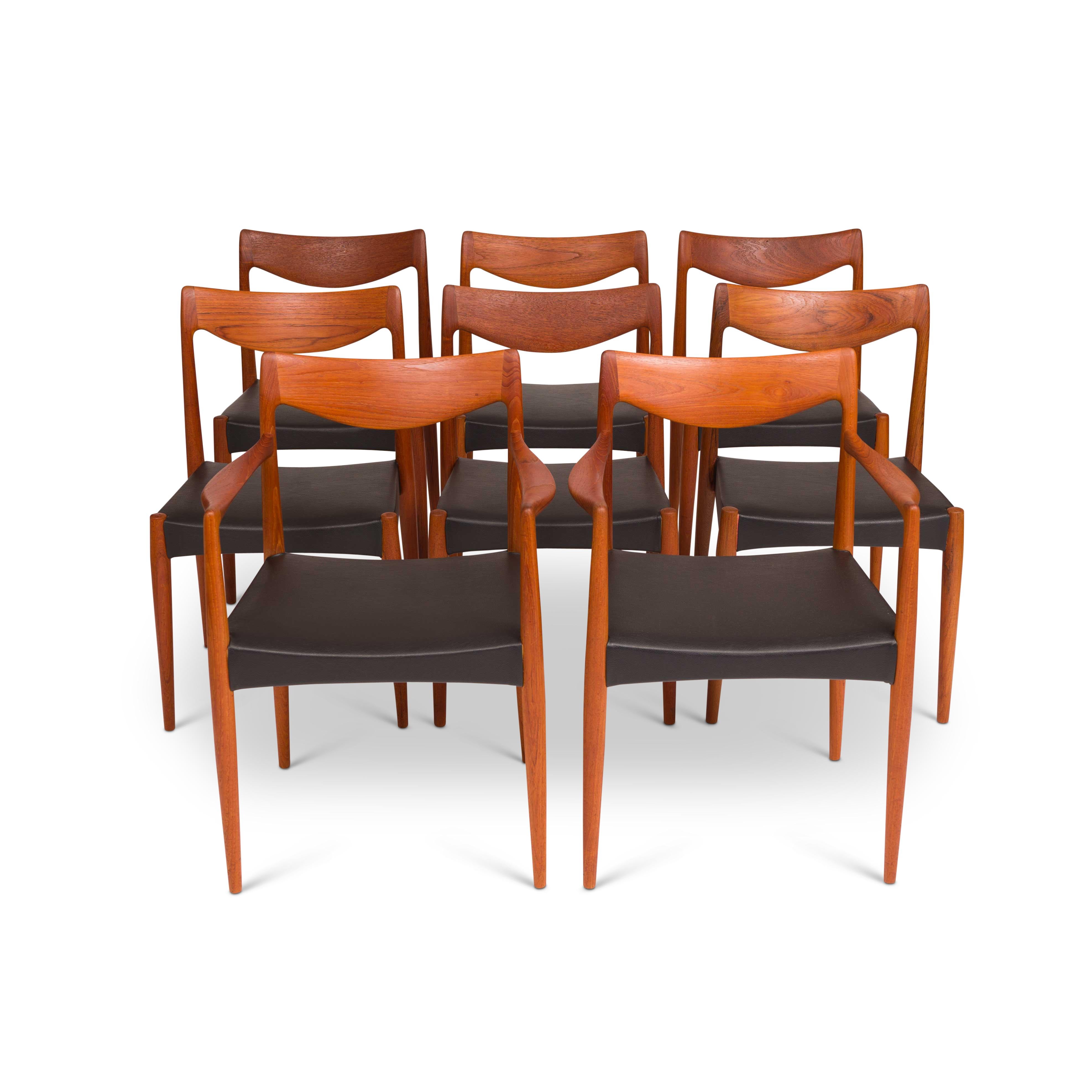 This remarkable collection features eight iconic Mid-Century Modern Danish teak Gustav Bahus Bambi dining chairs skillfully crafted by Rolf Rastad and Adolf Relling in the 1960s. Rolf Rastad and Adolf Relling were influential Norwegian furniture