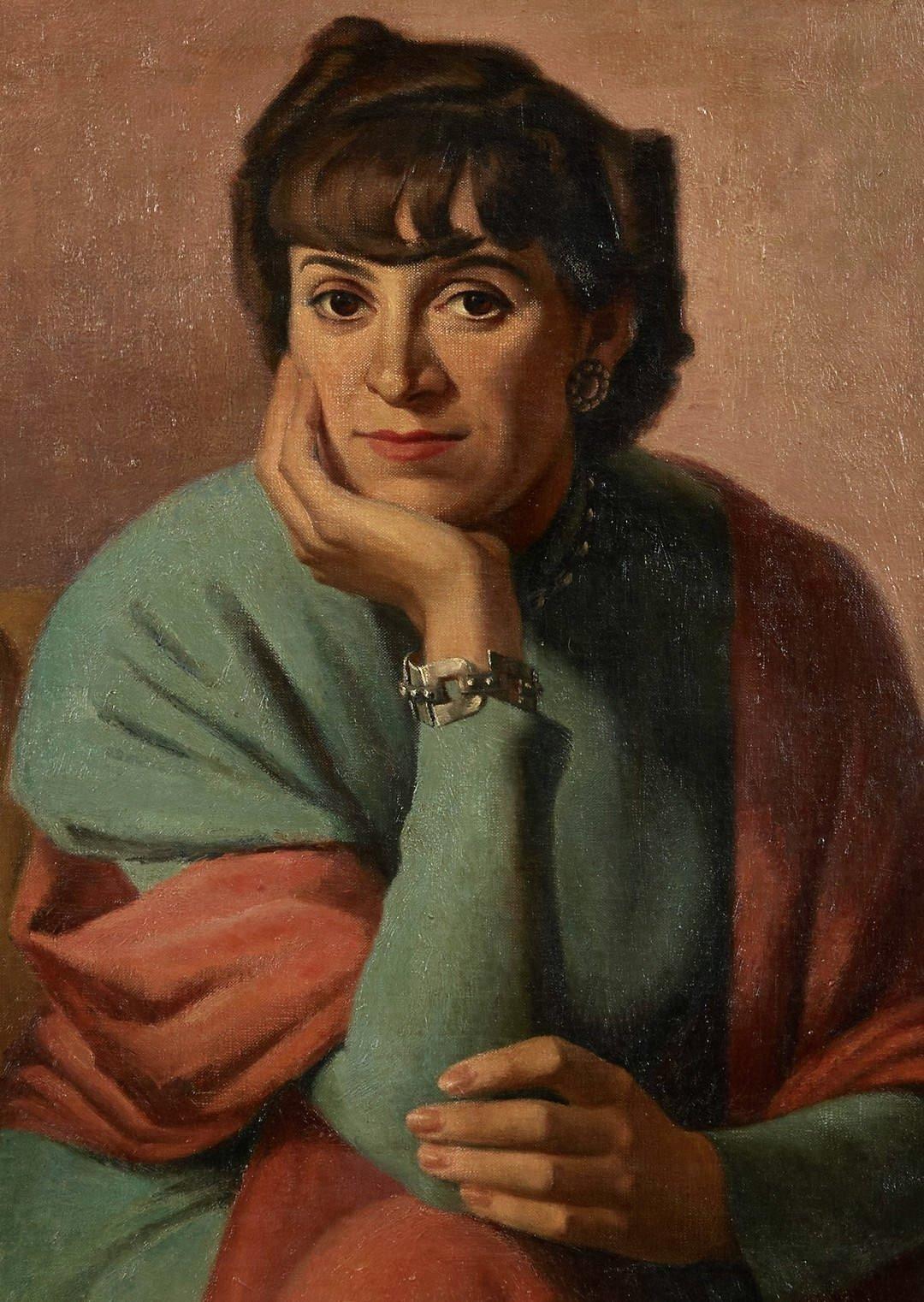 1940 Grande ritratto di donna, Kae Dorn Cass, dell'artista della scuola di Cleveland - Portrait Painting Marrone di Rolf Stoll