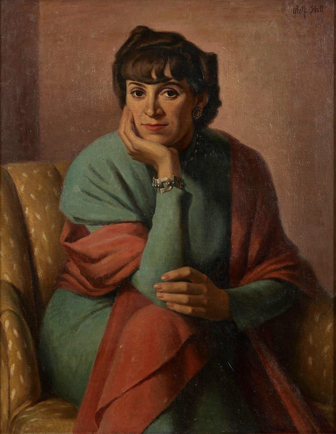 Portrait Painting di Rolf Stoll - 1940 Grande ritratto di donna, Kae Dorn Cass, dell'artista della scuola di Cleveland