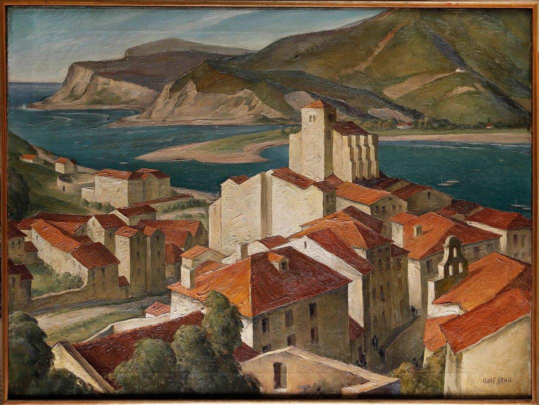 20th Century Spanish Seaside Village (Cadaques Catalonia), Cleveland School - Painting by Rolf Stoll