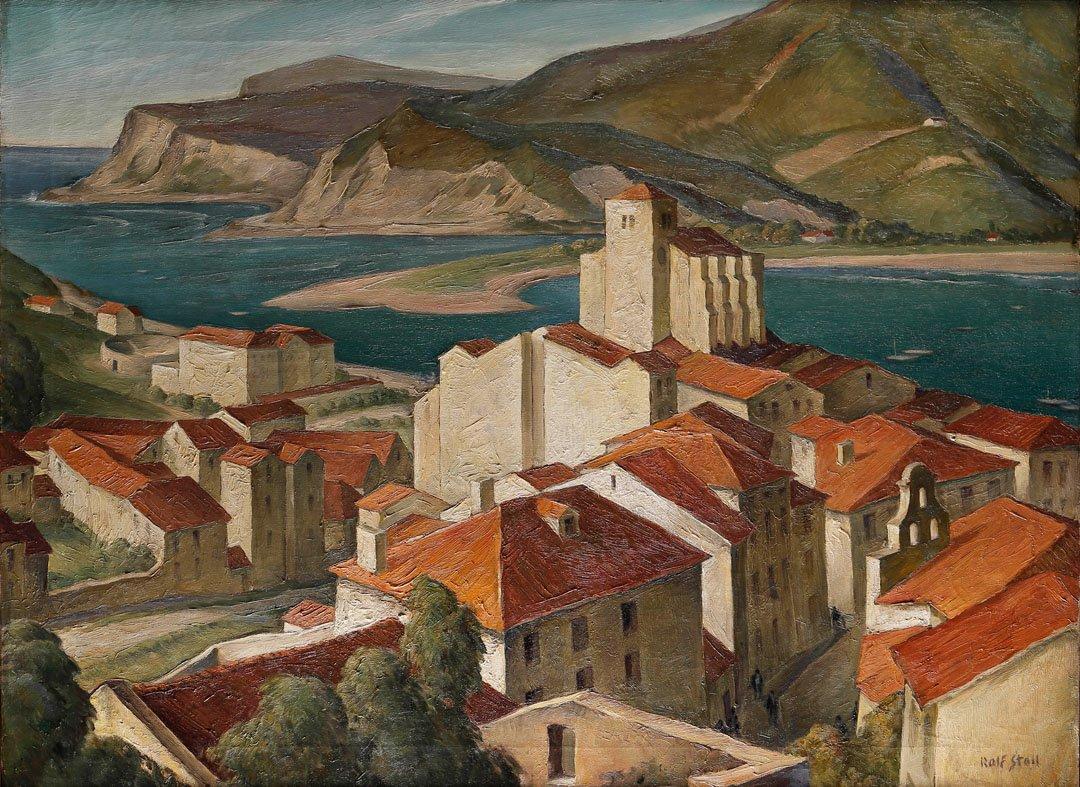 Rolf Stoll Landscape Painting – Spanisches Meereslandschaftsdorf des 20. Jahrhunderts (Cadaques Catalonia), Cleveland School