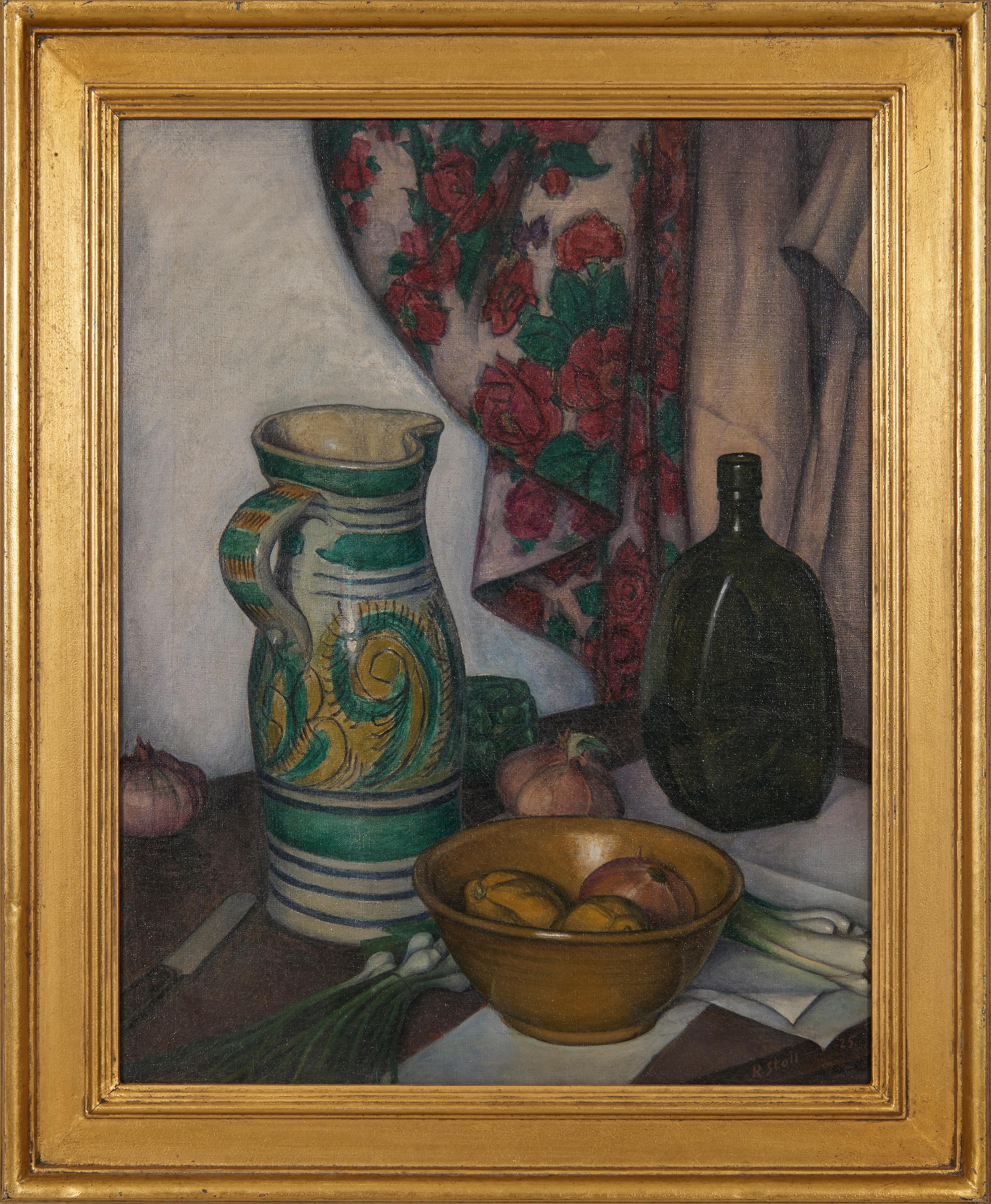 Figurative Painting Rolf Stoll - Nature morte à la cruche avec légumes et oignons, Artistics de la Spanish School