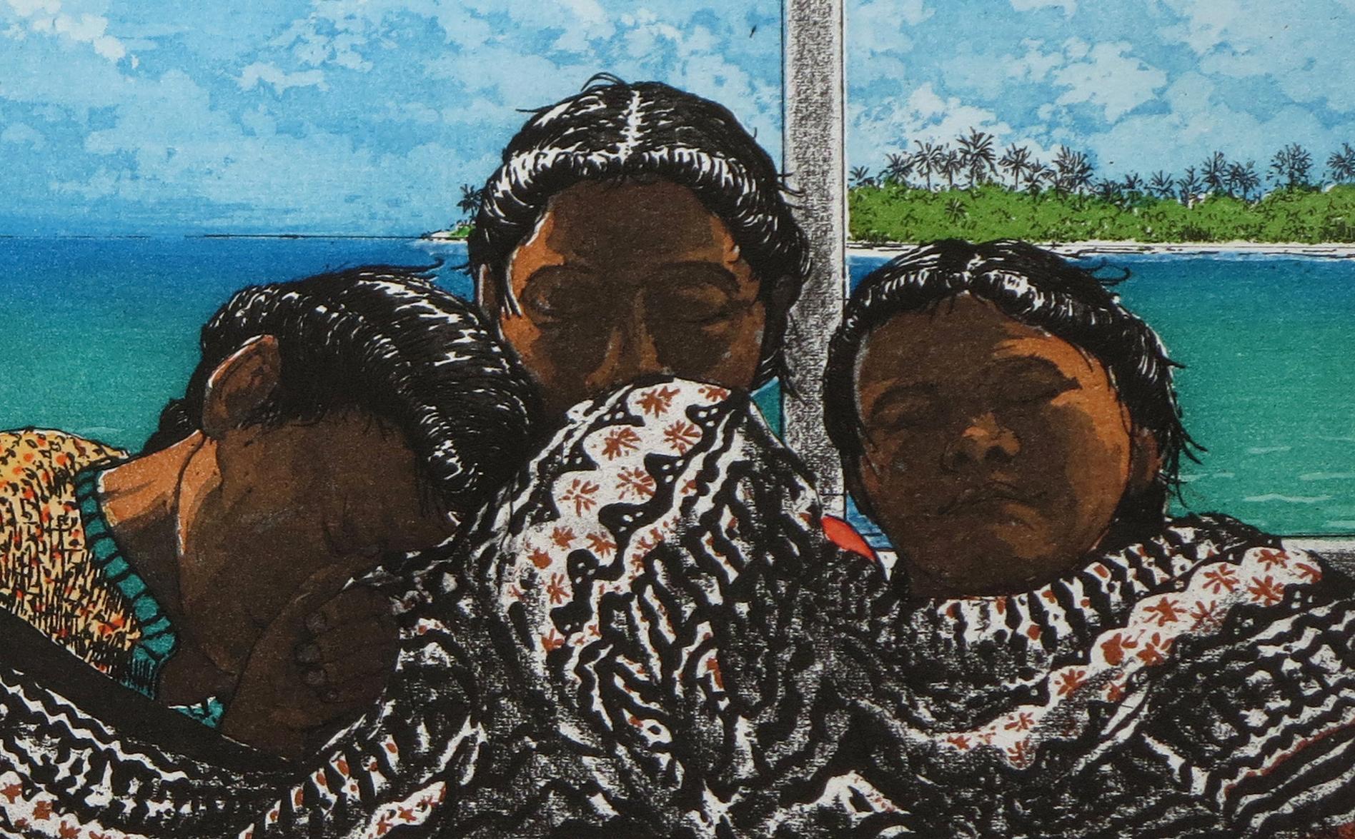 ''Aboard MV Onemato'' Color etching of Tonga women, Whale, Travel Etching - Blue Figurative Print by Rolf Weijburg