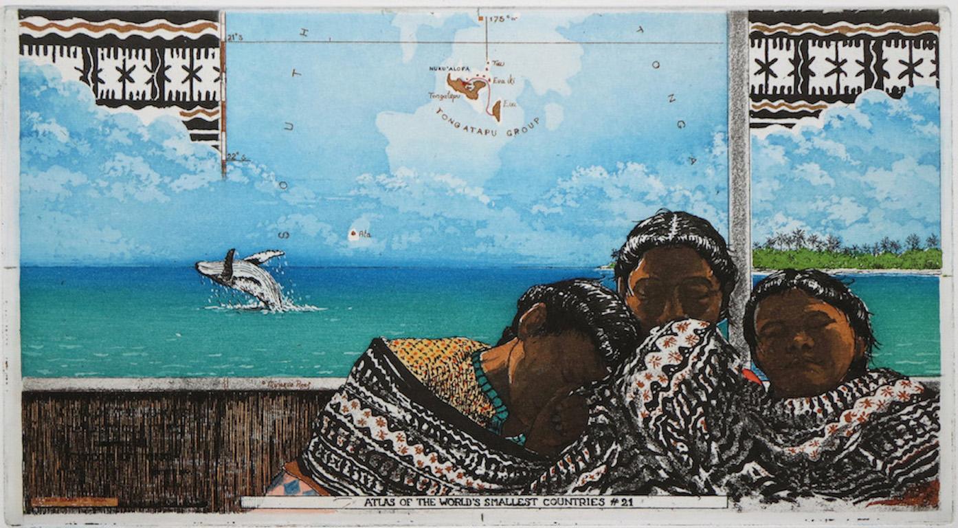 Rolf Weijburg Figurative Print - ''Aboard MV Onemato'' Color etching of Tonga women, Whale, Travel Etching