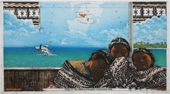 ''Aboard MV Onemato'' Color etching of Tonga women, Whale, Travel Etching