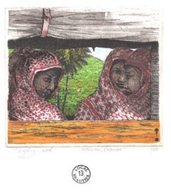 ''Local Beauties 13 - Ndzouani, Comoros'' Color etching of women in the Comoros