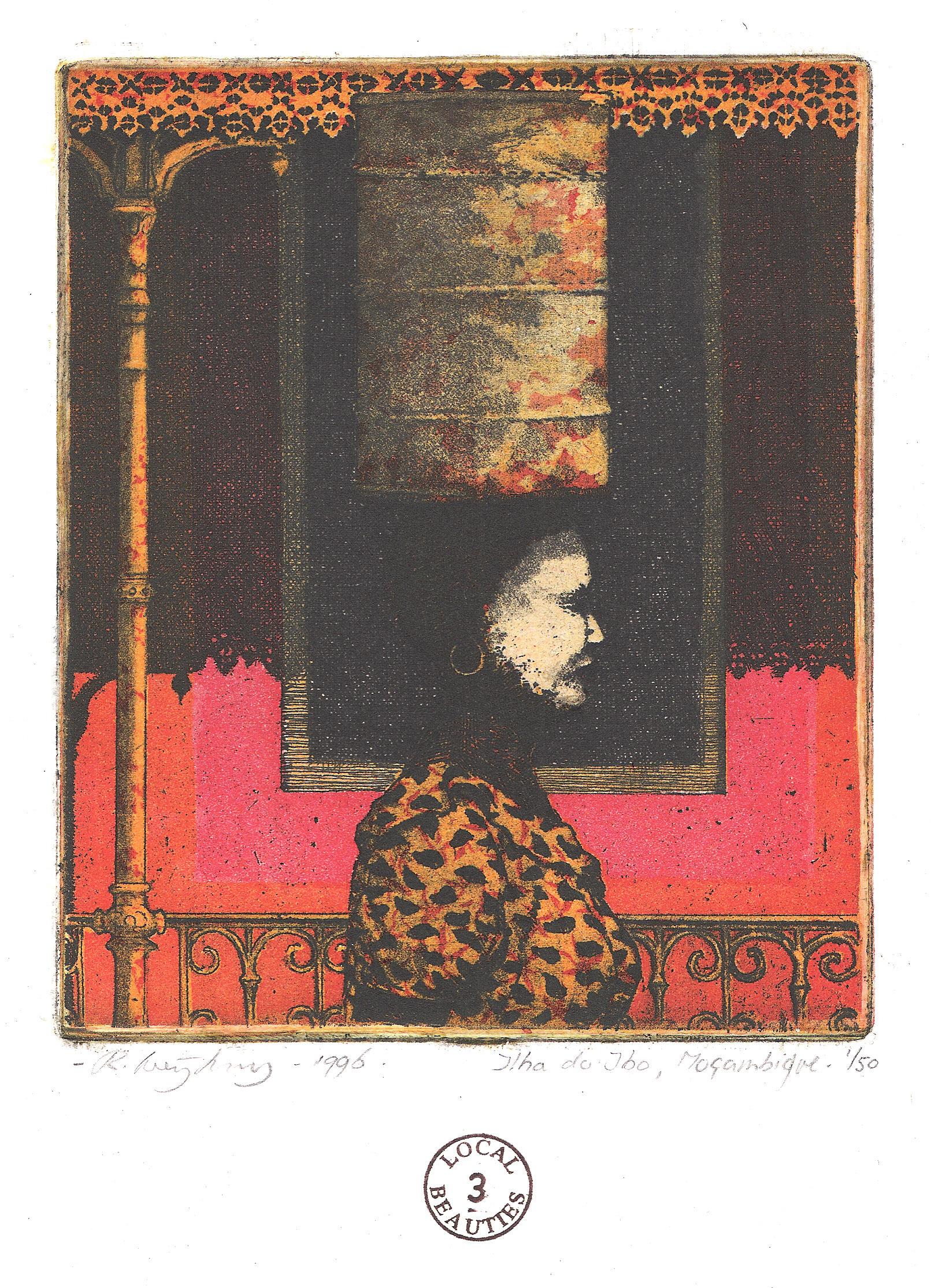 Figurative Print Rolf Weijburg - «Local Beauties 3 - Ilha do Ibo », gravure couleur d
une femme au Mozambique, voyage