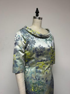 Palest Blue and chartreuse Roll-Collar Elbow-Length Sleeve Floral Jacquard Gown