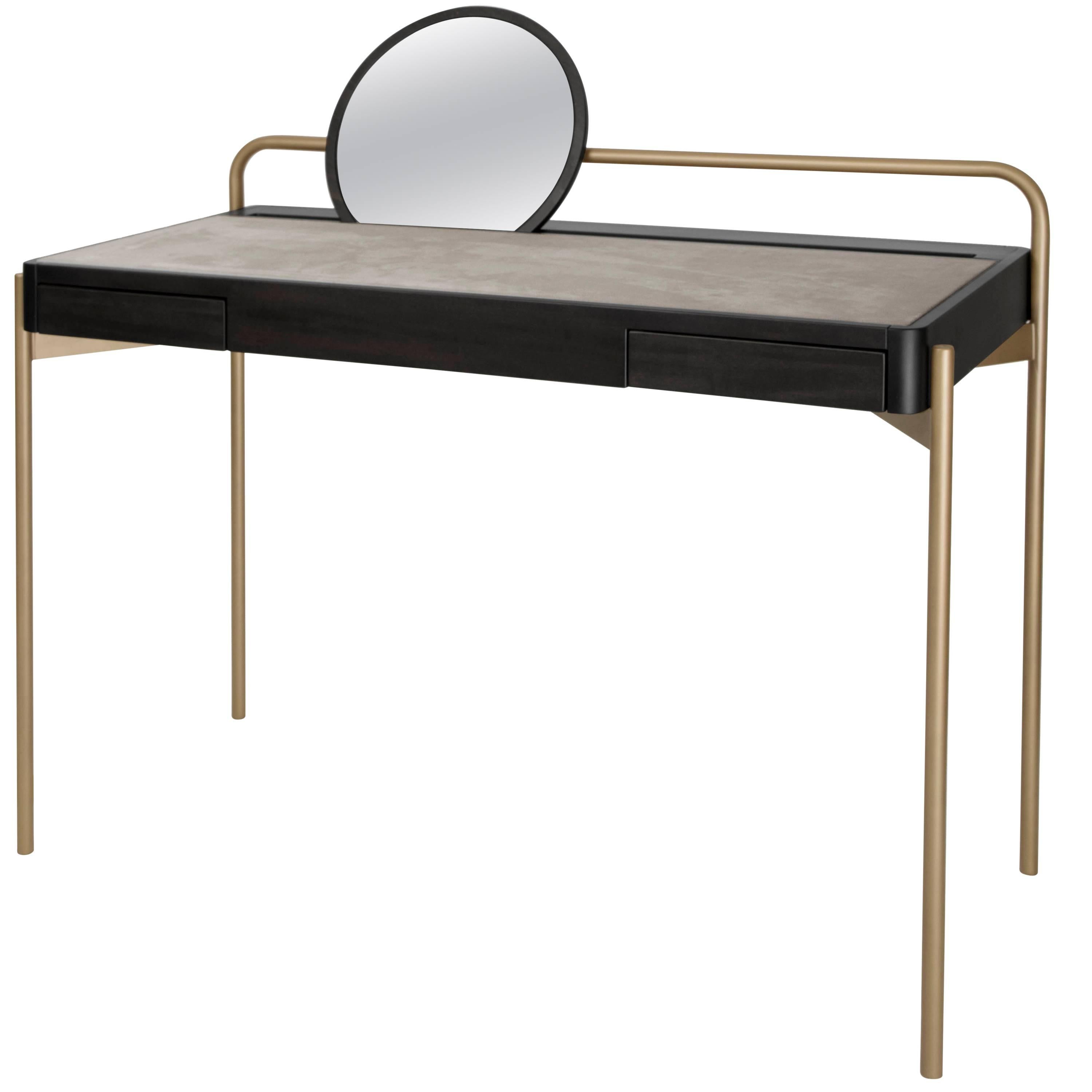 Roll Desk 02 Writing Table in Dark Walnut, Brass, Suede and Mirror For Sale