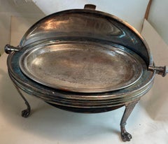 Roll-Over Roll-Top English Silver Plate Dome Serving Dish Paw Feet Monogram
