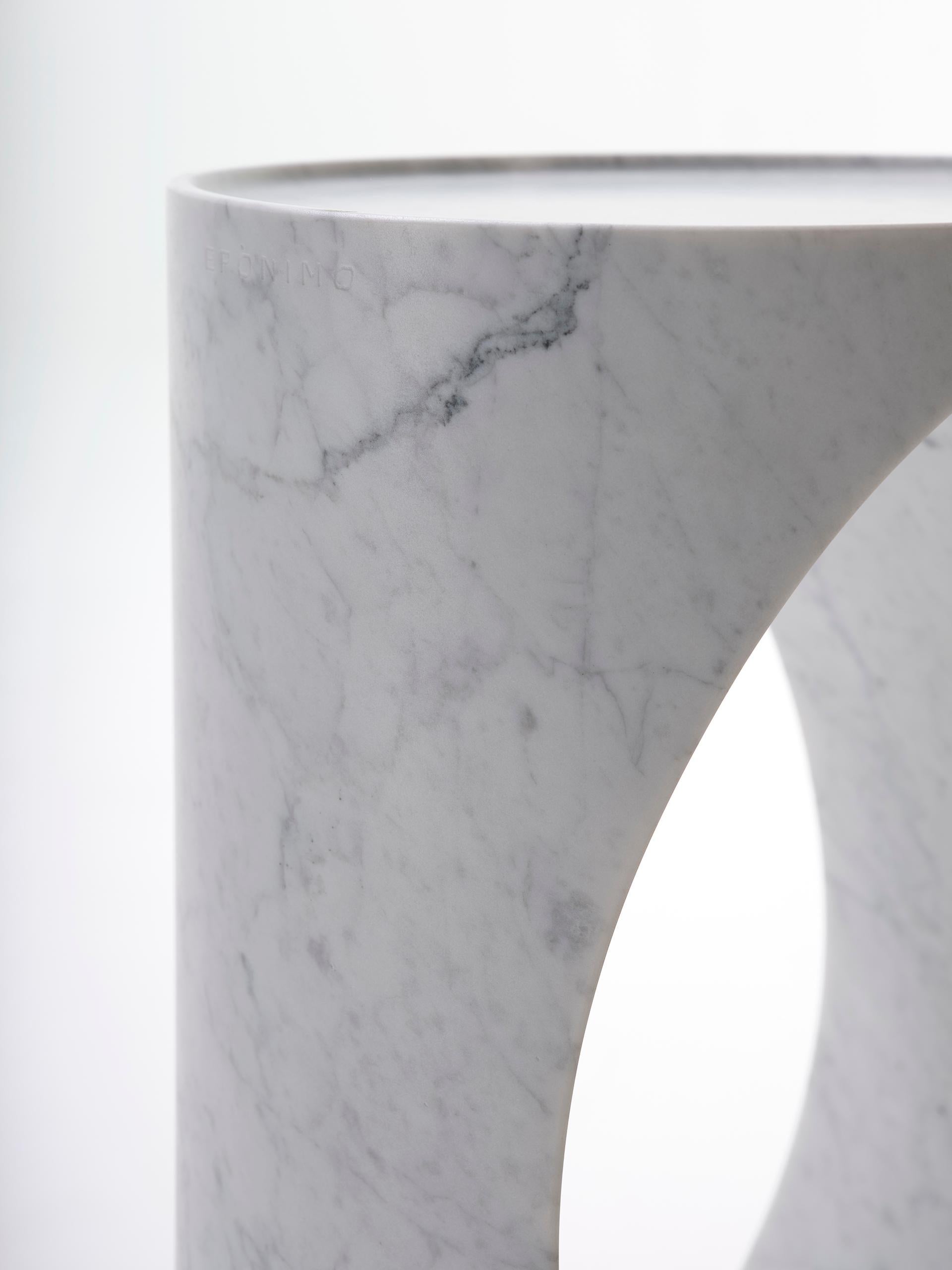 Contemporary 21st Century Modern Sculptural Carrara Marble Side Table Carved From Block For Sale