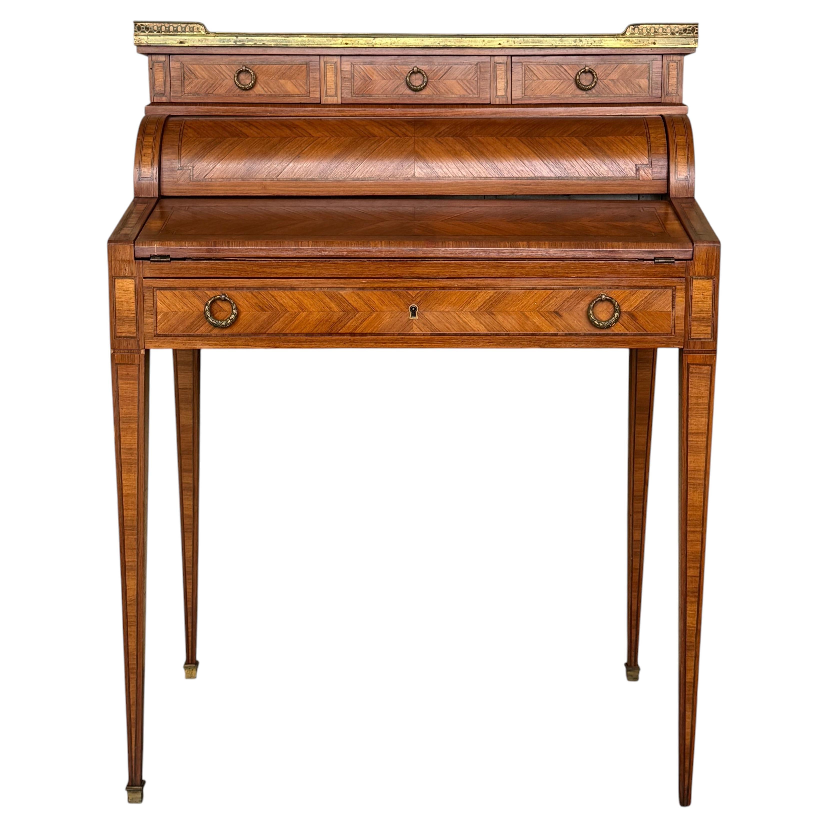 Roll-Top Desk in Louis XVI Style with Marquetry and Brass Gallery For Sale