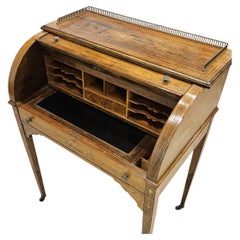 Roll Top Secretary Desk, French Walnut with Marquetry Inlay