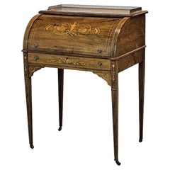Roll Top Secretary Desk, French Walnut with Marquetry Inlay