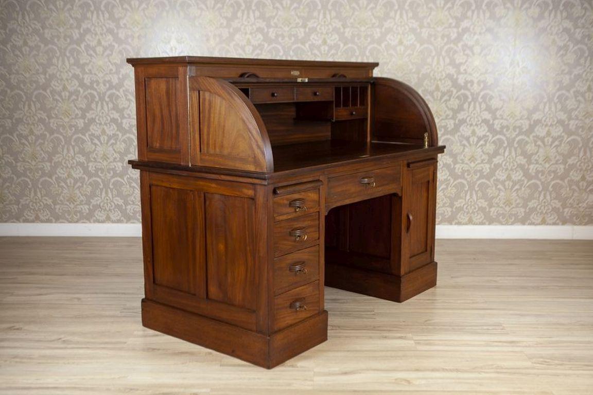 American Roll-Top Softwood & Mahogany Veneer Desk - Signed Circa 1910 For Sale