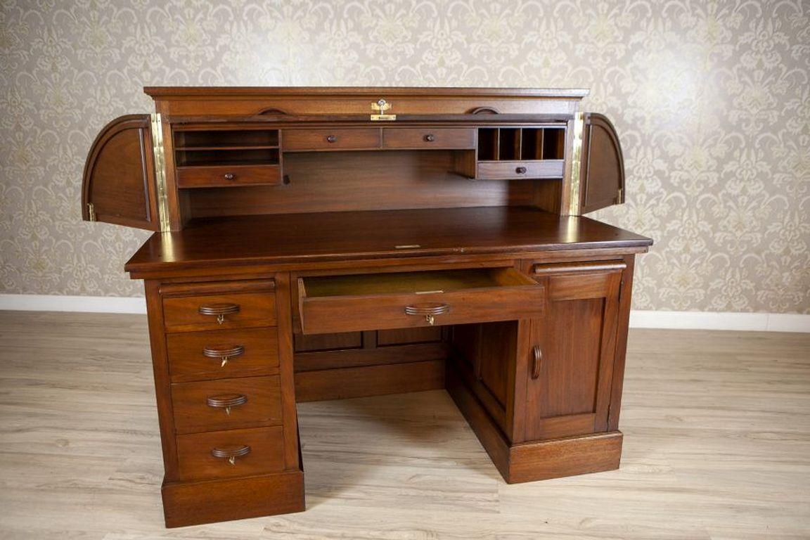 Early 20th Century Roll-Top Softwood & Mahogany Veneer Desk - Signed Circa 1910 For Sale