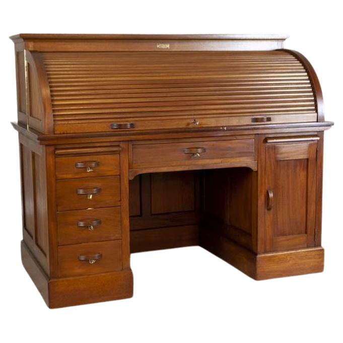 Roll-Top Softwood & Mahogany Veneer Desk - Signed Circa 1910