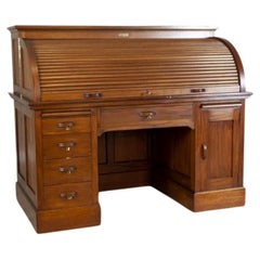 Roll-Top Softwood & Mahogany Veneer Desk - Signed Circa 1910