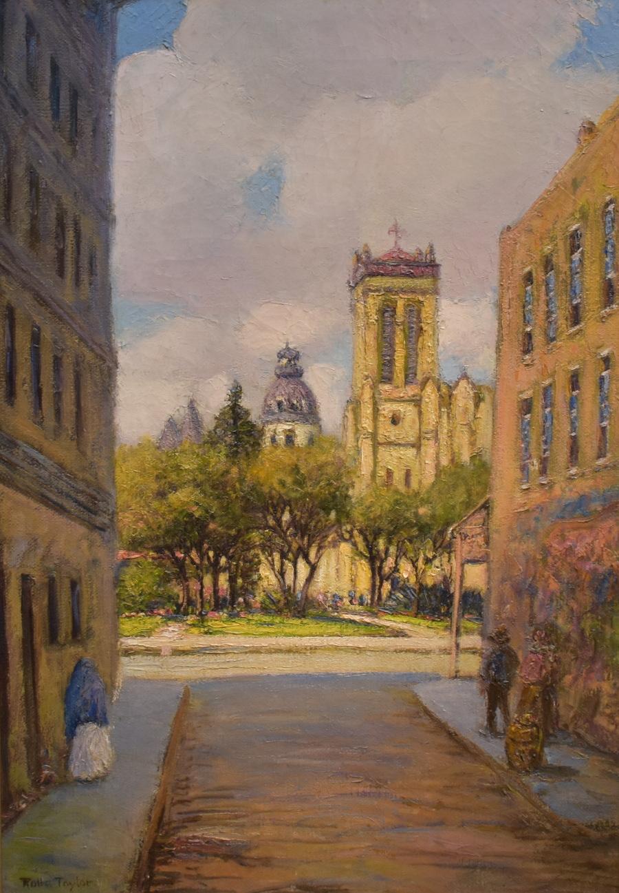 Rolla Taylor Landscape Painting - "Side Street to San Fernando Cathedral" San Antonio Texas 1922 & Old City Hall