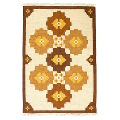 Vintage Rollakan Rug Swedish Flat-Weave Geometric Design Beige Field Color