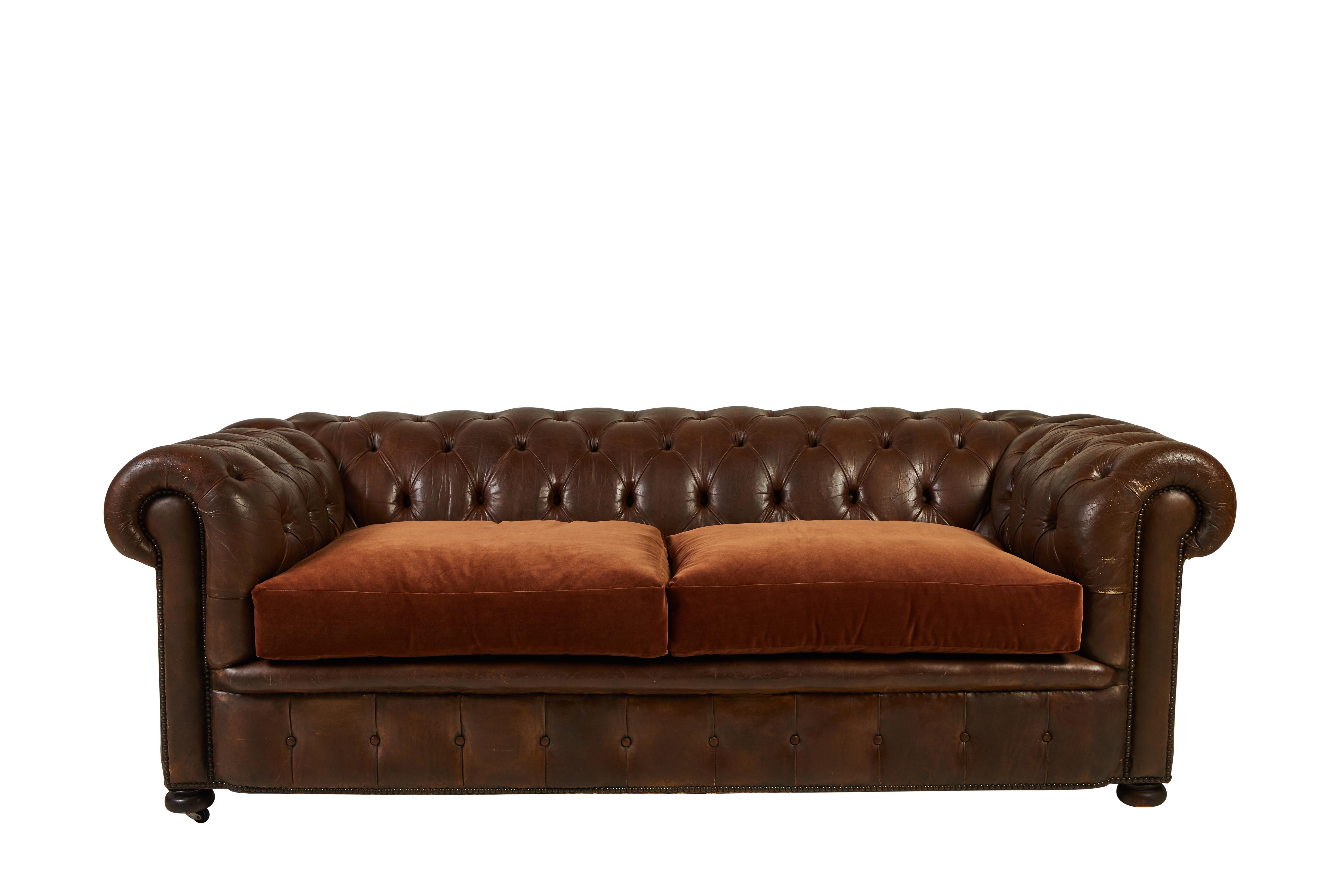 Mid-20th Century Rolled Arm Leather Chesterfield Sofa