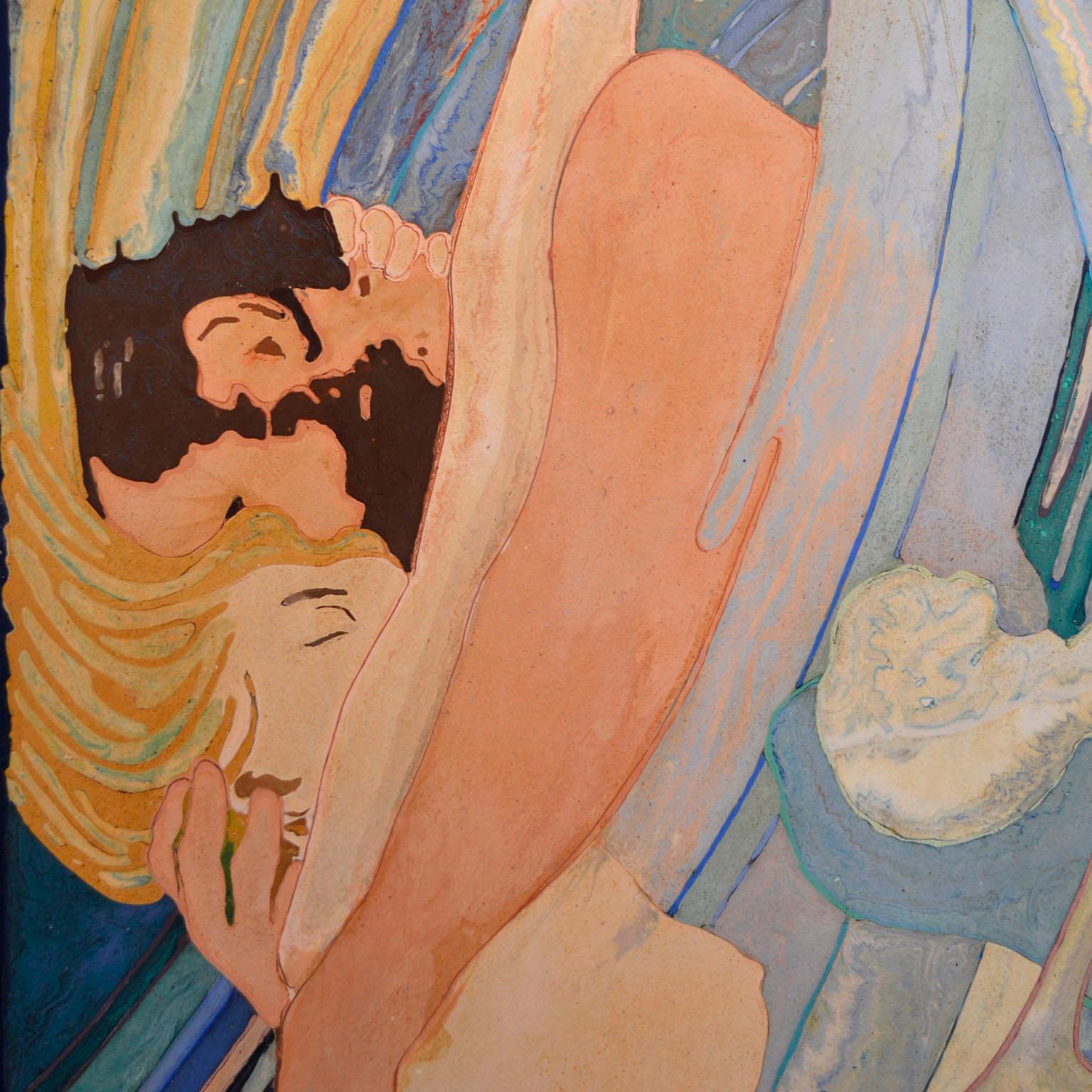 Artistic wall panel,  a tribute to the artist Alfred Roller. This artwork has been manufactured always using our inlay technique in semi-textured scagliola. It depicts two lovers in the water in a whirlwind of love and passion.
Size: cm. 171x69x2
  