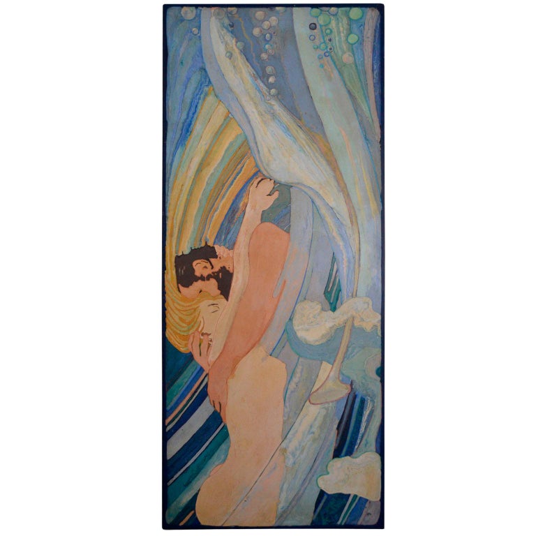  Blue water nuances wall Panel Scagliola Art  tribute to artist Alfred Roller  For Sale