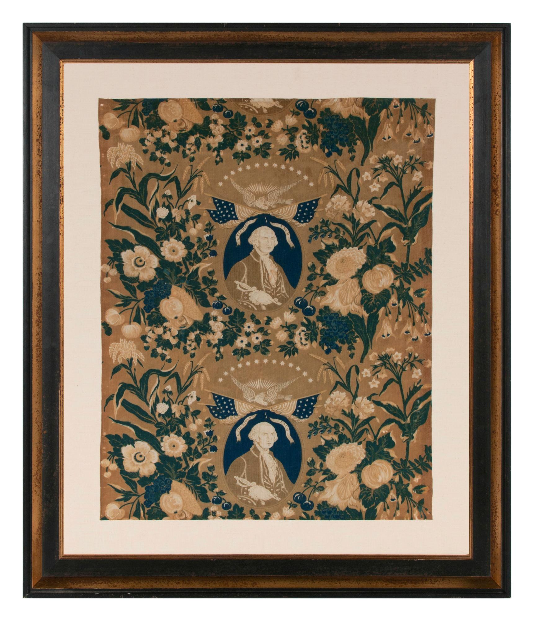 TEXTILE DE MARCHANDISES DE JARDIN IMPRIMÉ AU ROULEAU, FAIT POUR MEMORISER GEORGE WASHINGTON ENTRE LA DERNIÈRE VISITE ET LE GRAND TOUR D'AMÉRIQUE DE LAFAYETTE, EN 1824-25, ET LA CÉLÉBRATION DU 100e ANNIVERSAIRE DE GEORGE WASHINGTON, EN 1832.

Imprimé