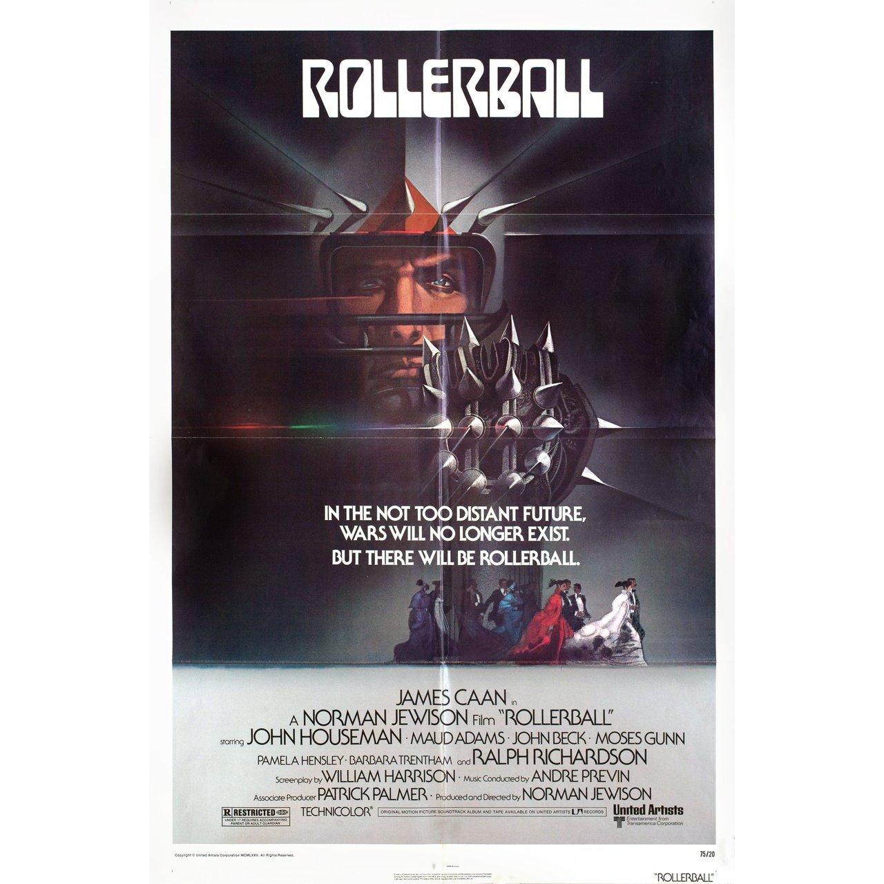 Original 1975 U.S. one sheet poster by Bob Peak for the film Rollerball directed by Norman Jewison with James Caan / John Houseman / Maud Adams / John Beck. Very Good-Fine condition, folded. Many original posters were issued folded or were