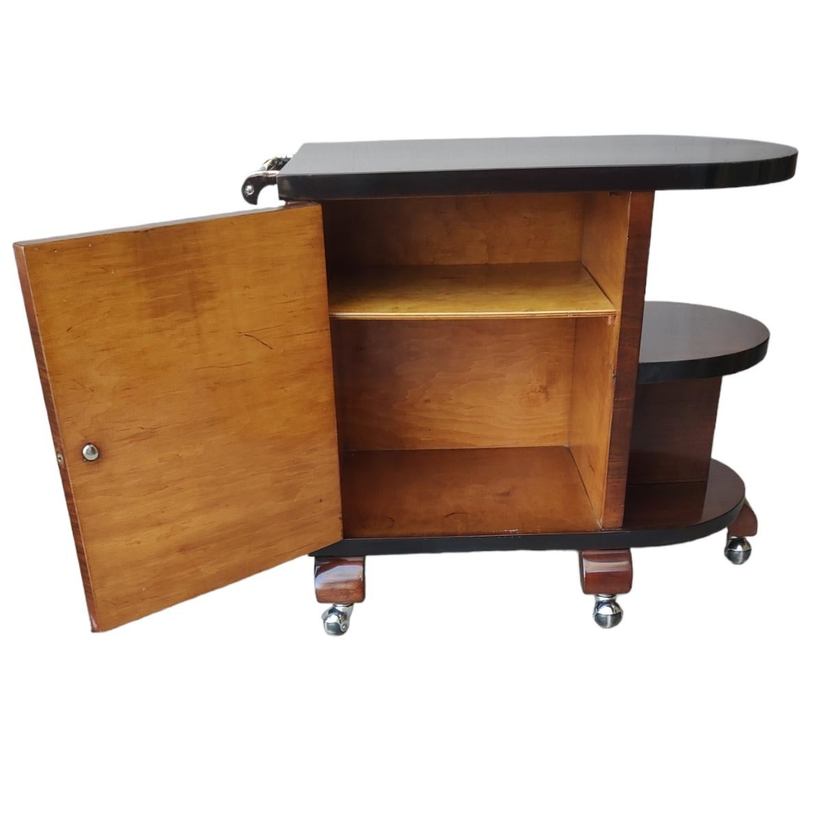 Lacquered Rolling Art Deco Bar Cart Walnut For Sale