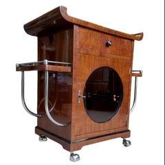 Rolling Art Deco Bar Cart Walnut Round Glass