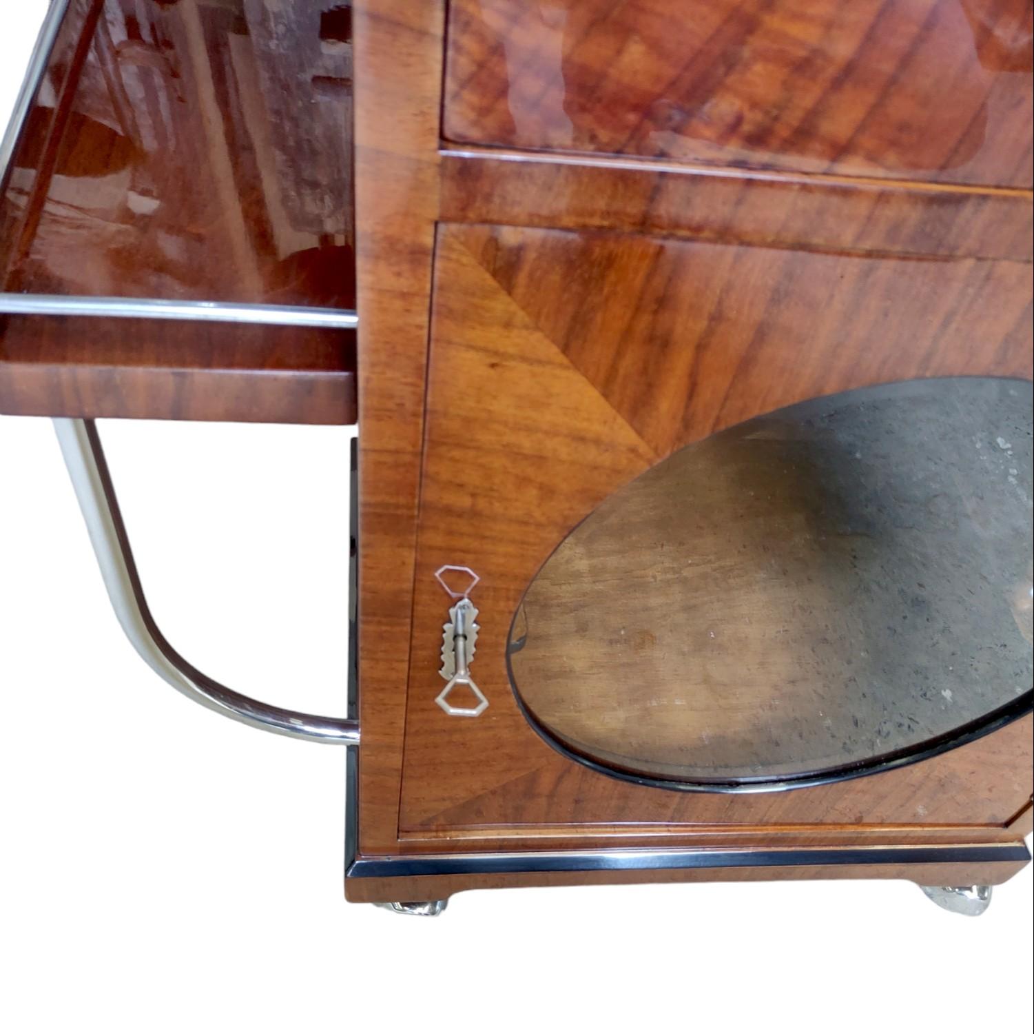 Wood Rolling Art Deco Bar Cart Walnut Round Glass