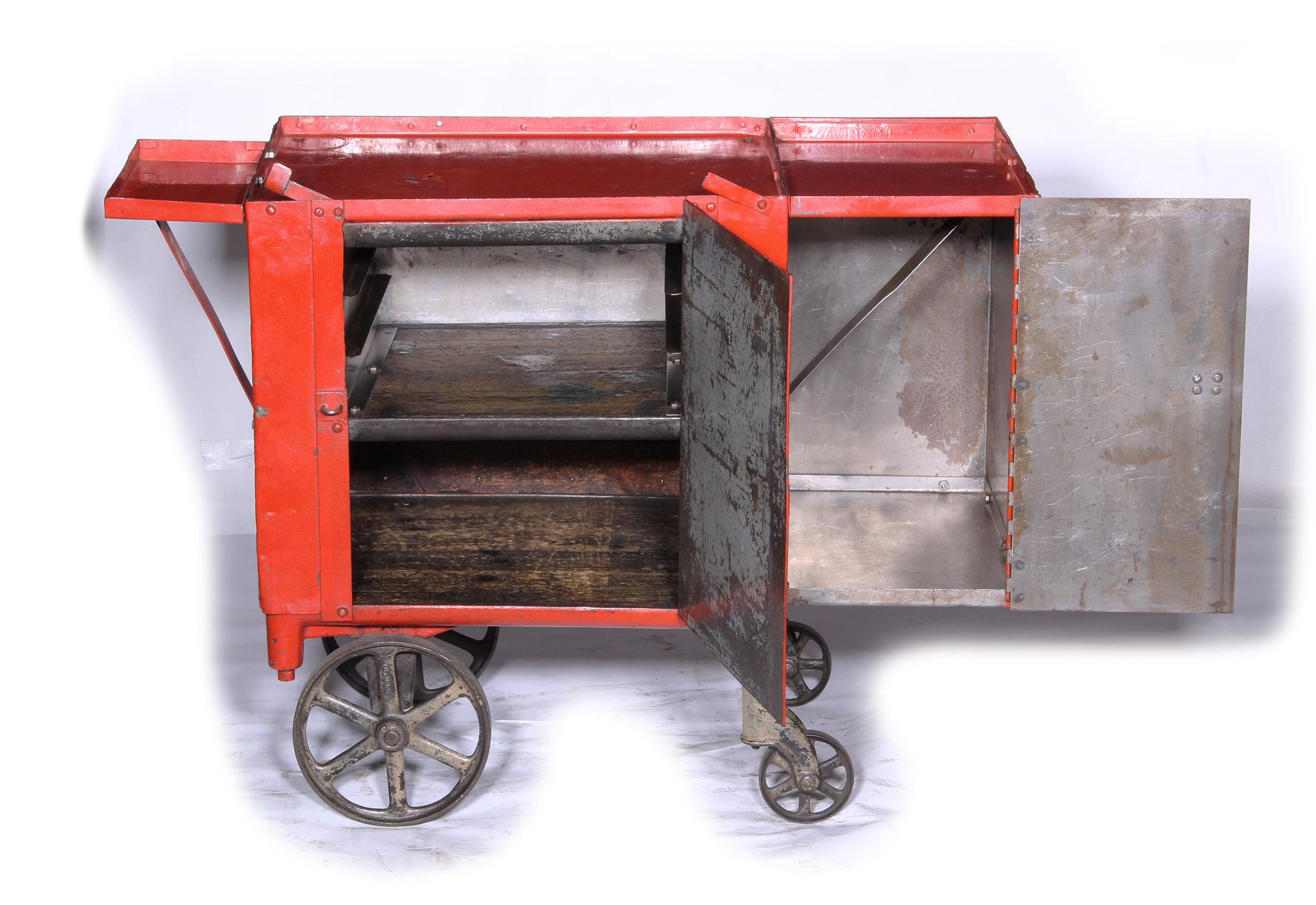 Vintage industrial rolling steel bar cart, one of a kind.