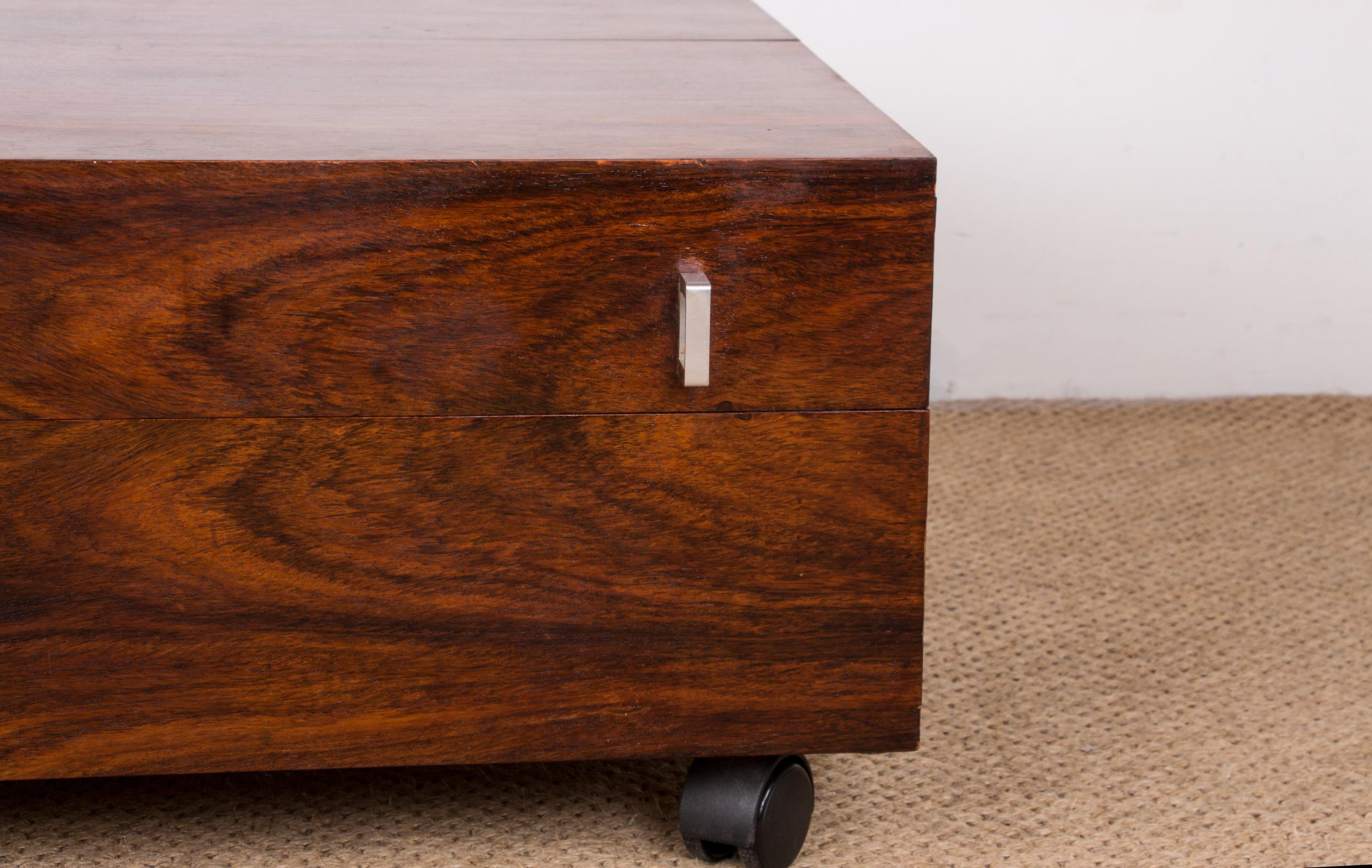 Scandinavian Modern Rolling coffee table making chest, Danish Rosewood 1960. For Sale